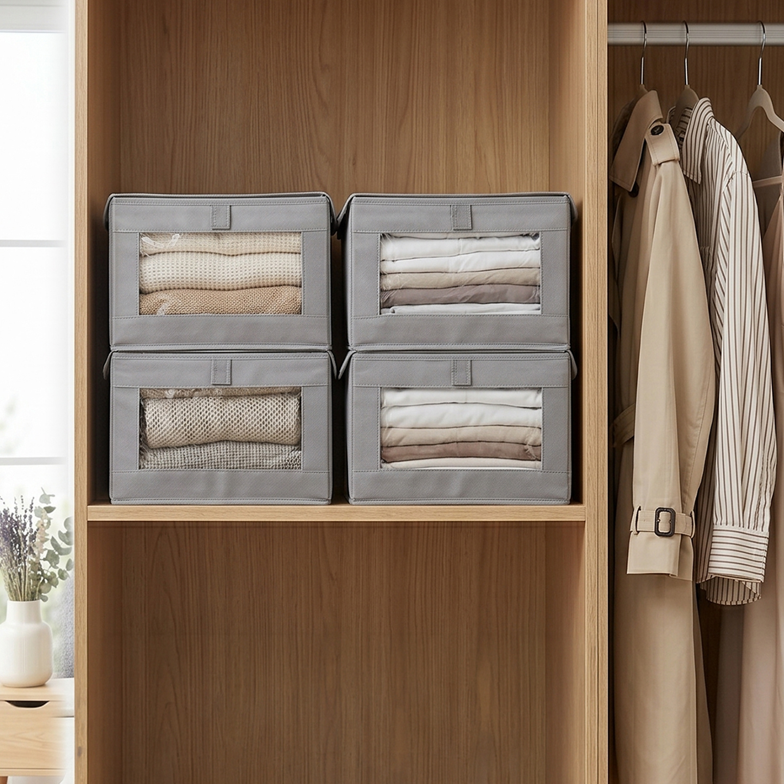 Set of 4 Large Foldable Stackable Grey Garment Storage Boxes