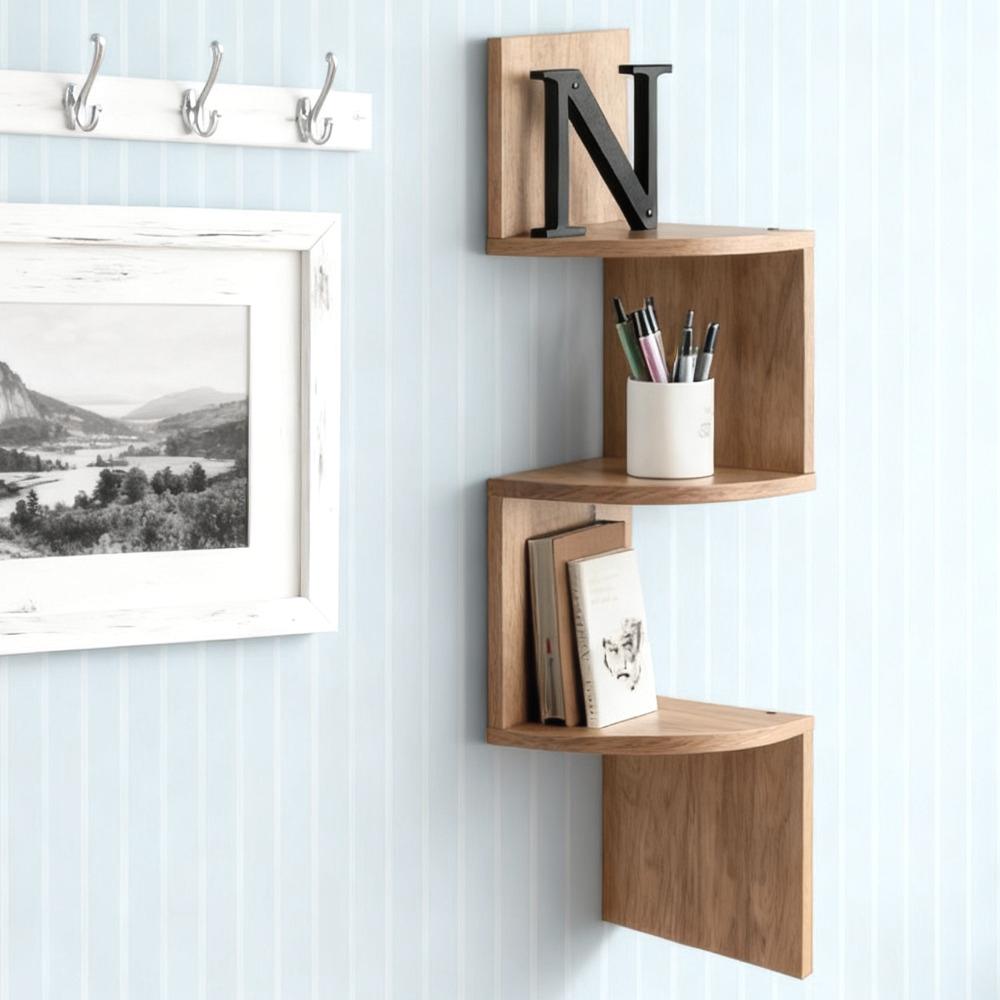 Image of 3 Tier Shelf Floating Wall Shelves Storage Rack Display Stand Bookcase Home Decor Wall Mounted Bedroom Living Room Kitchen Corner Shelves For Books, Plant, Figurines, Crafts
