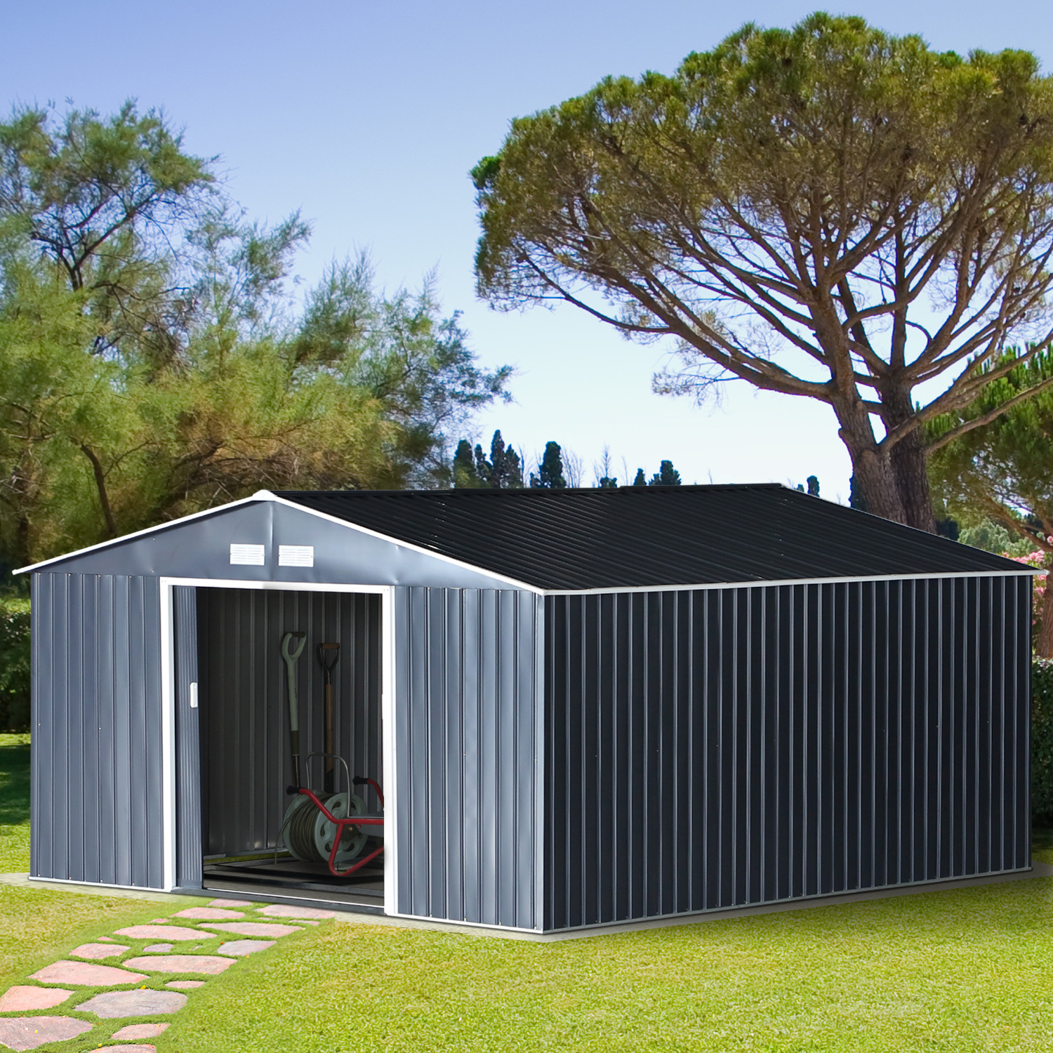 Metal Tool Shed 26.2m³ 340x386x200cm Gable Roof Storage Shed With Foundation, Sliding Door, Weatherproof Garden House, Outdoor Garden Shed Cabinet For Exterior Use