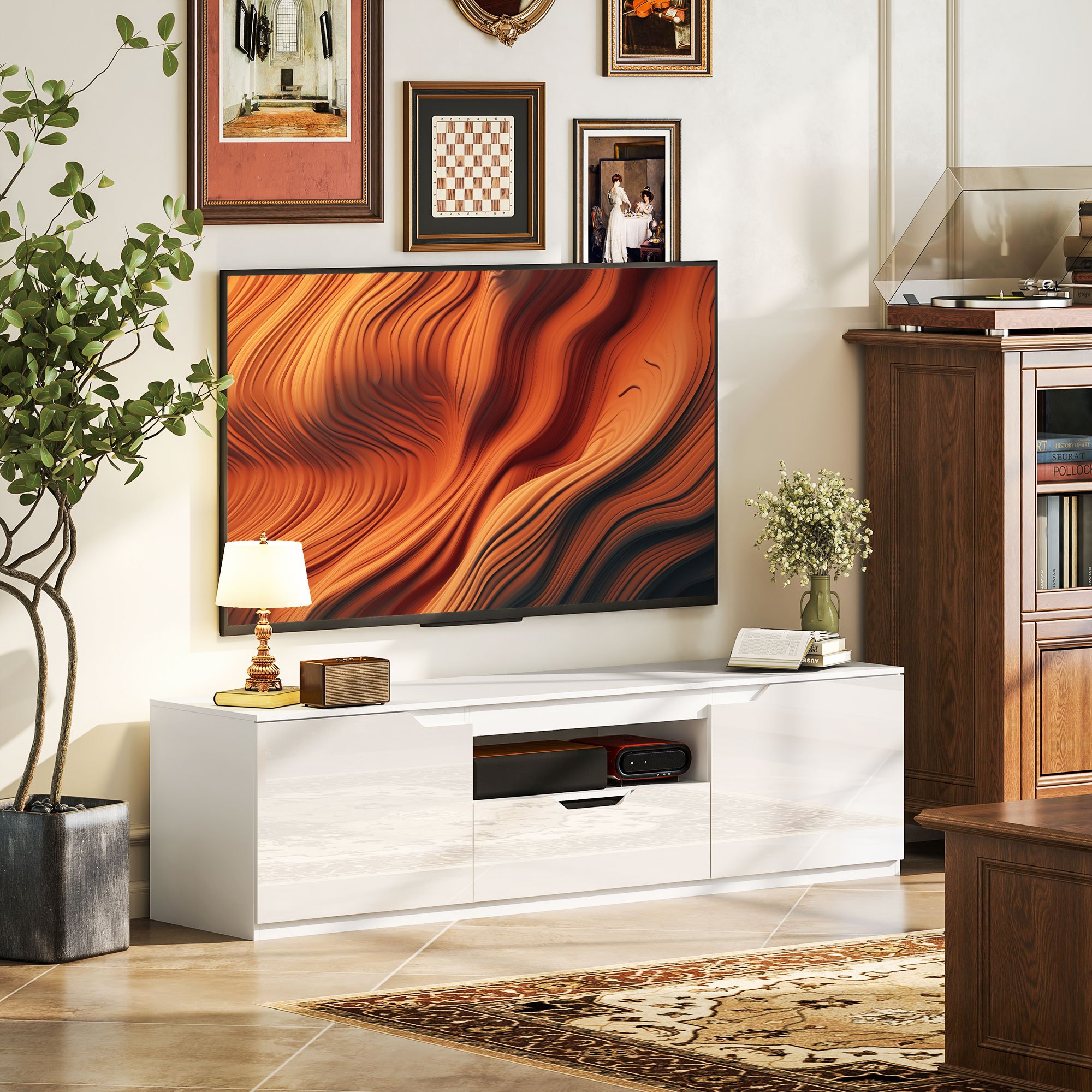 Tv Cabinet Lowboard With 2 Doors, Drawer, 160 Cm Table For Tvs Up To 65 Inches, Tv Board With Cable Management For Living Room, White
