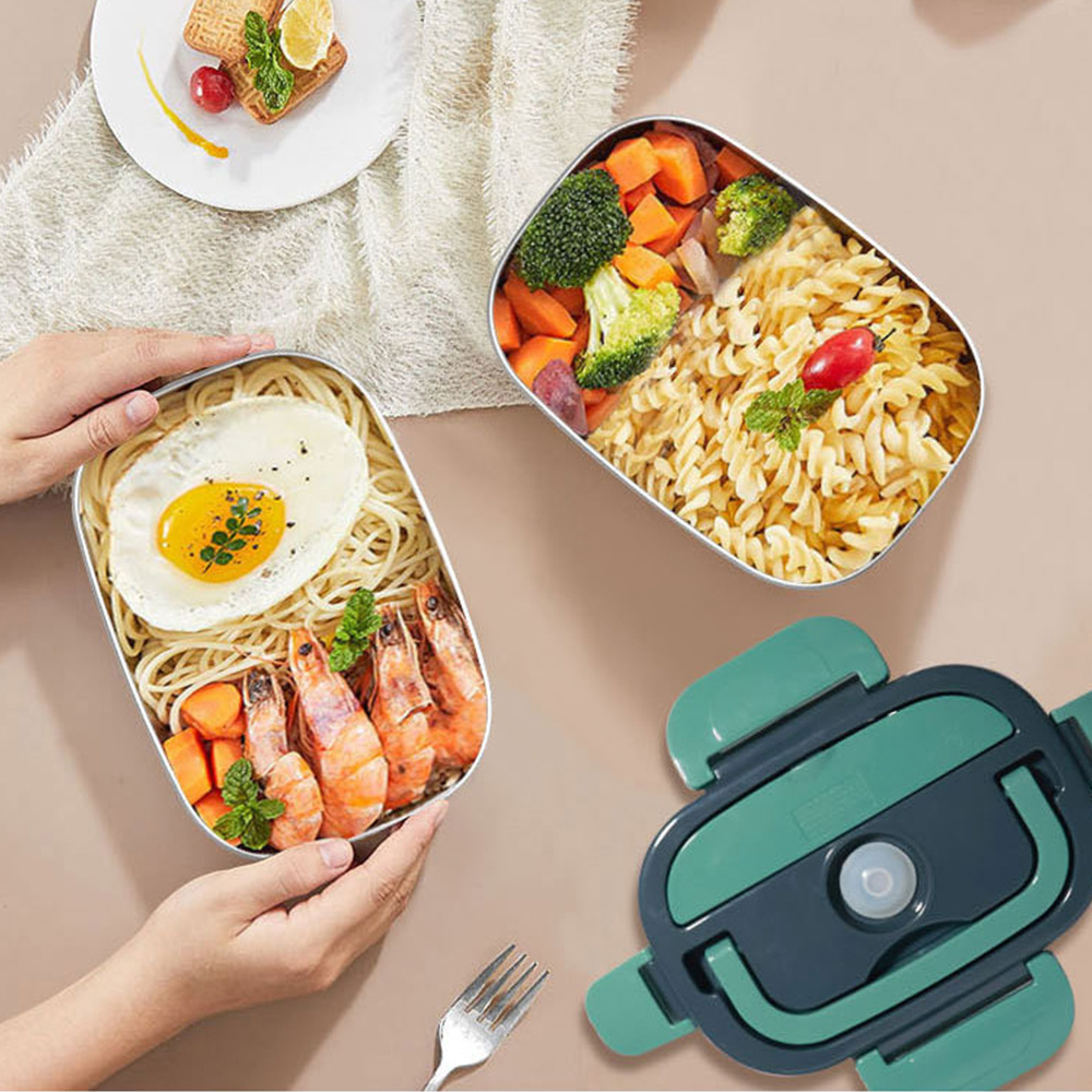 Image of Electric Heated Lunch Box, 12v/24v Portable Food Warmer For Cars & Trucks, Leakproof Stainless Steel Container With No Water Heating, Includes Spoon, Fork & Insulated Bag, Green