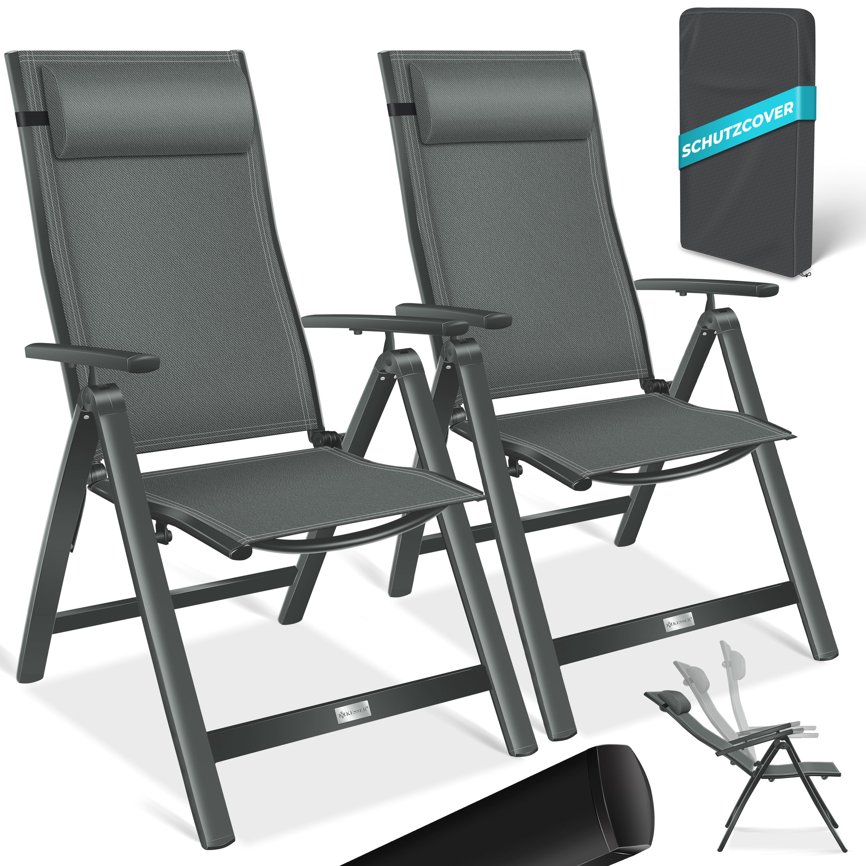 Kesser® Garden Chair High Back With Armrests 1/2/4/6-piece Set Aluminum Folding Chair Pillow & Cover Camping Chair 7-way Adjustable Backrest Breathable Weatherproof Foldable Non-slip, Black