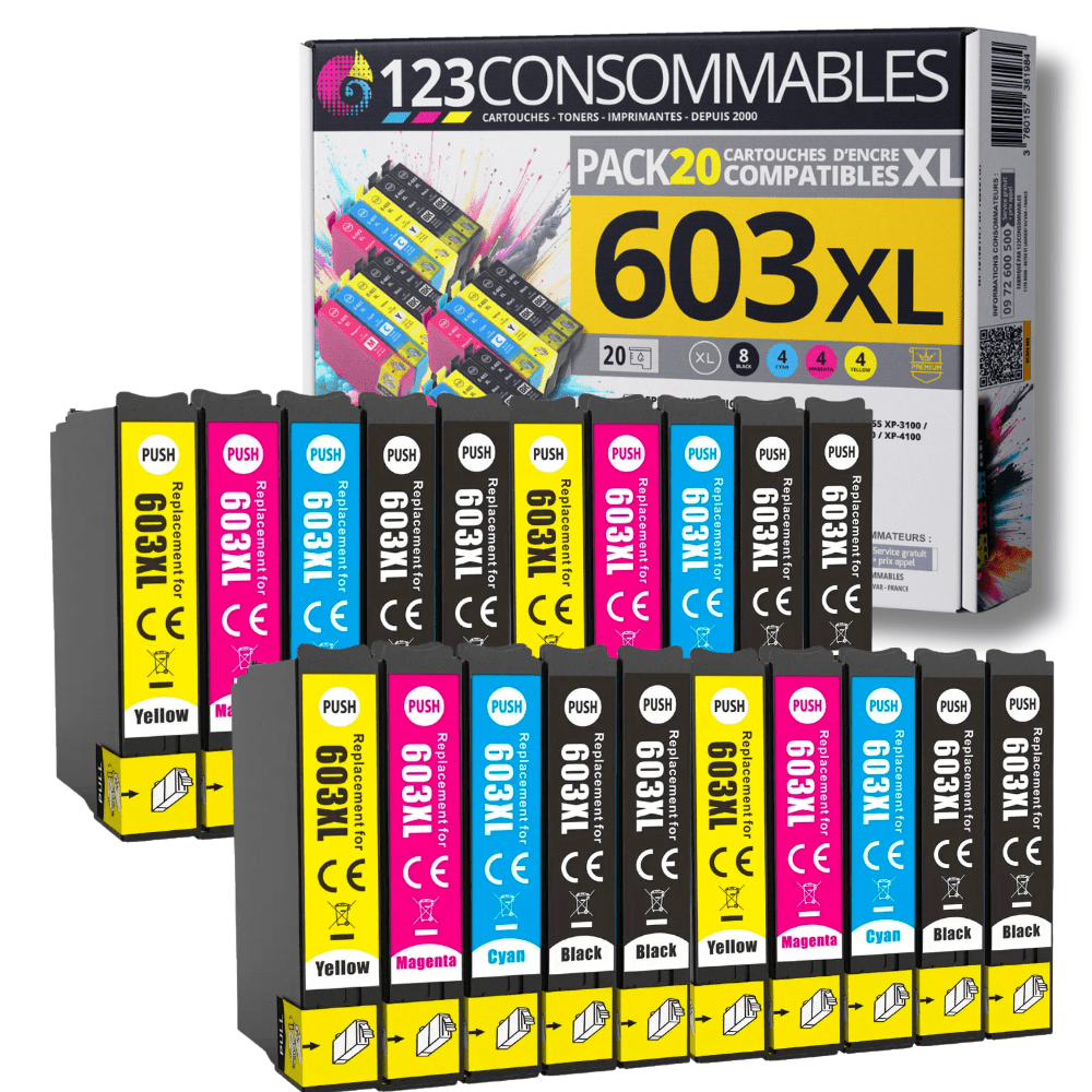 TEMU 123CONSOMMABLES - 603XL - Pack de 20 Cartouches d'encre Compatible pour Epson 603 XL de Mer - pour Epson XP-2100 XP-2155 XP-3100 XP-4100 WF-2820