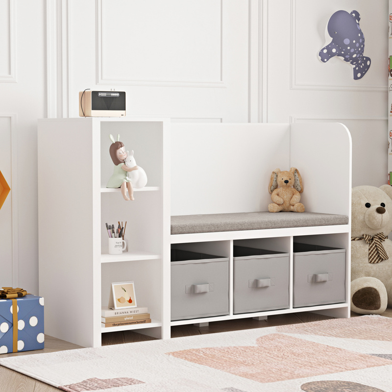 Image of Children's Shelf With Bench Høylandet With Cushion, 76 X 112 X 40 Cm, White/grey