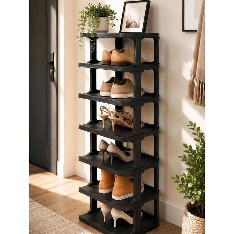 Image of 7-tier Black Shoe Rack, Shoe Stand, Shoe Organizer, Space-saving Shoe Shelf For Hallway, Bedroom, And Apartment