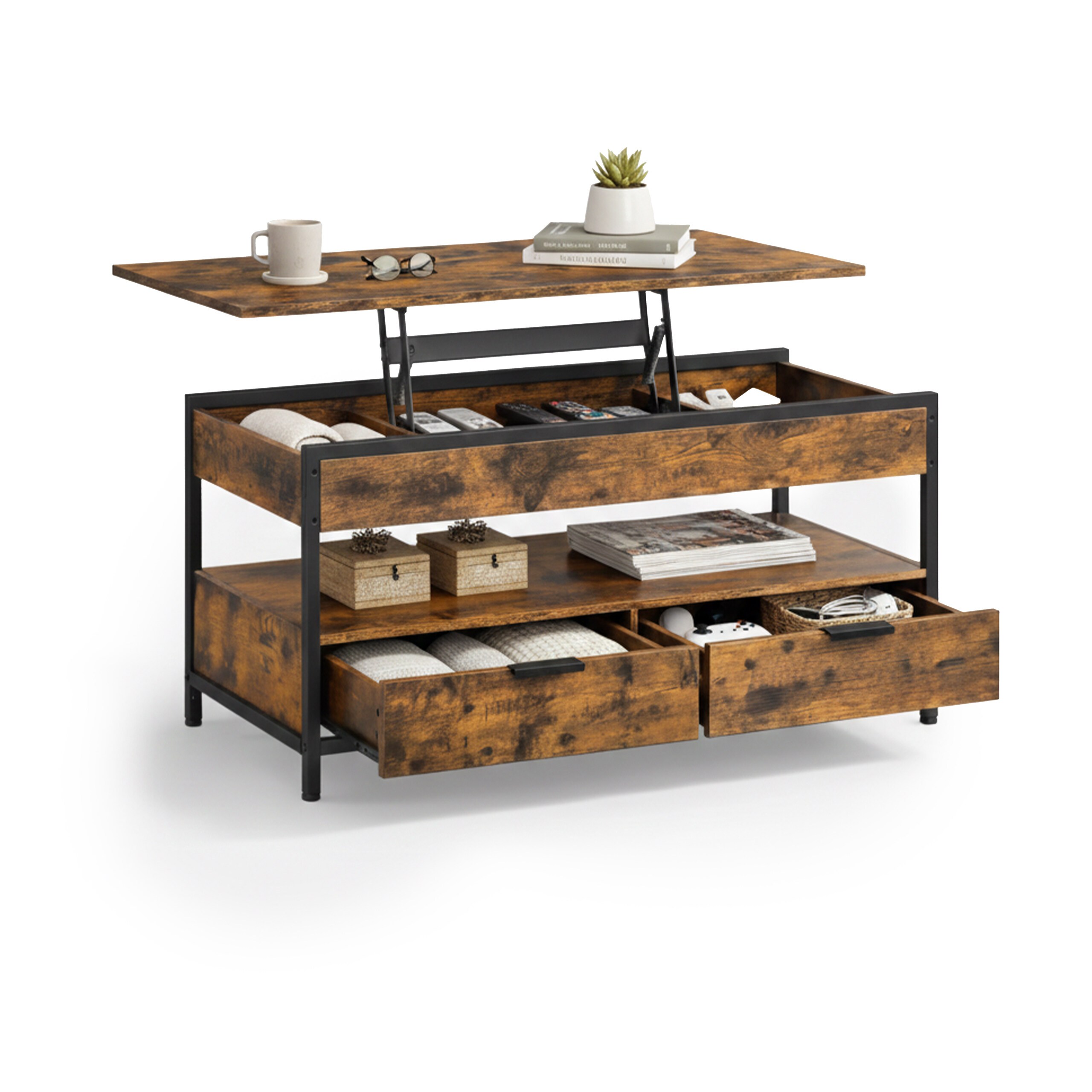 TEMU elevable, 2 cajones, 4 compartimentos, 48-63 x 100 x 50 cm, madera de ingeniería y hierro, marrón estructura negra, tablero regulable , para