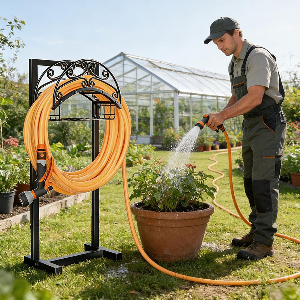 Image of Freestanding Garden Hose Holder With Storage Basket - Heavy-duty Black Powder-coated Steel, Holds 150ft Hose, Detachable & Portable Design With Assembly Tools, Ideal For Outdoor Use