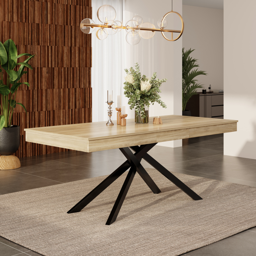 Image of Extendable Dining Table In Oak Color | 140/180×80 Cm For 6-8 People | Thickened Table Top + Stable Metal Legs | Simple, | Ideal For Dining Room, Kitchen, Living Room | Flexible & Space-saving