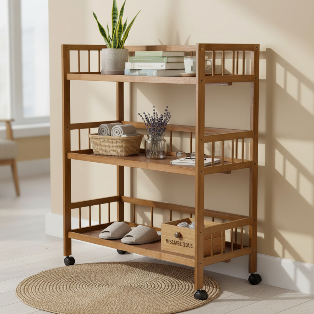 TEMU 3-tier Mobile Storage Rack With Wheels For Serving And Organizing, Bamboo Office & Kitchen Trolley For Office Supplies, Daily Necessities, And