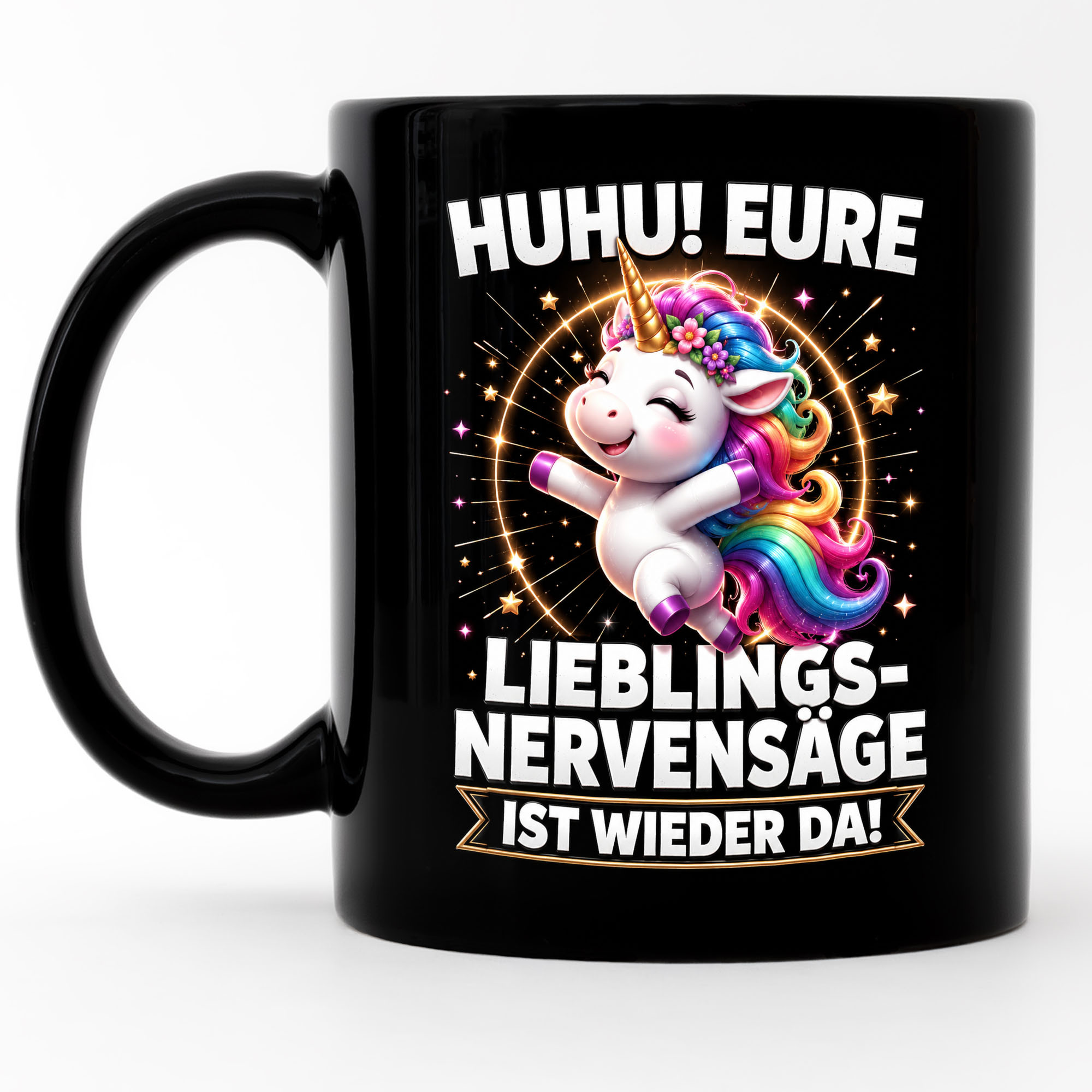 Image of Funny Unicorn Mug For Women - Huhu Your Nerve-saw Is Back Again - Coffee Mug Friend Birthday Christmas Colleague Mug Black