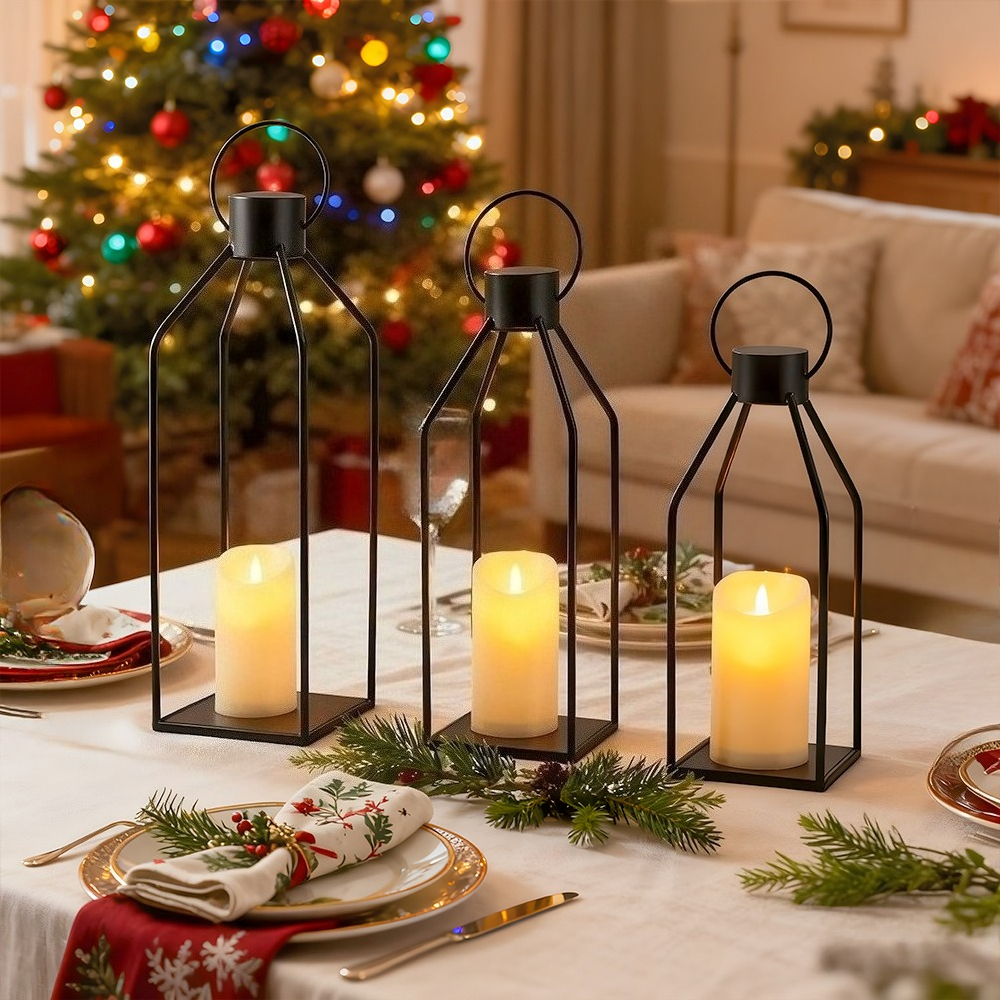 TEMU 3pcs Black Metal Candle Lanterns, Lantern Decor, Decorative Candle Holders For Outdoors & Indoors, Fireplace, Tabletop, Patio, Porch, Garden,