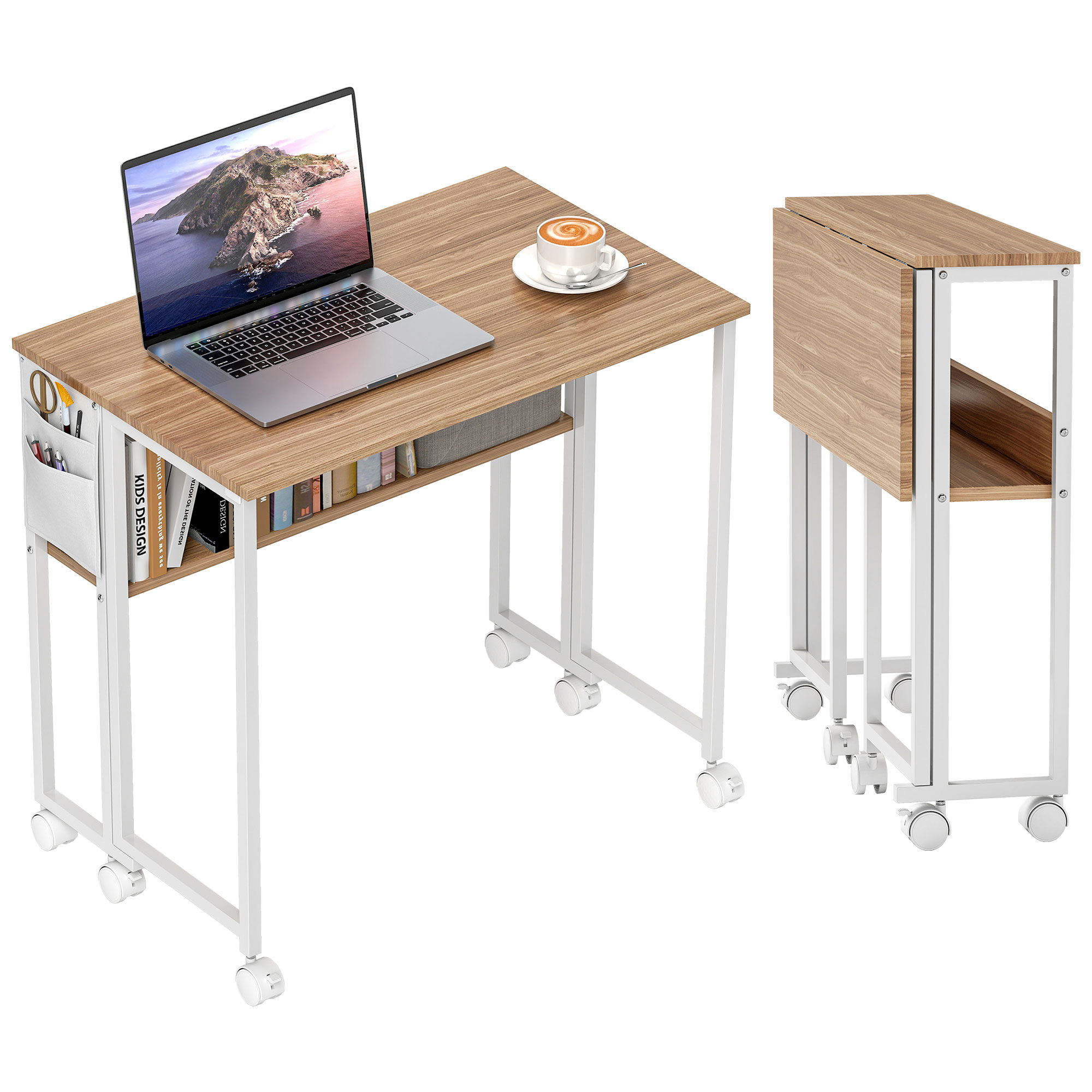 TEMU HOMCOM Escritorio Plegable con Ruedas y Estante Mesa Escritorio con Bolsillo de Almacenaje Mesa de Ordenador Portátil para Espacios Pequeños