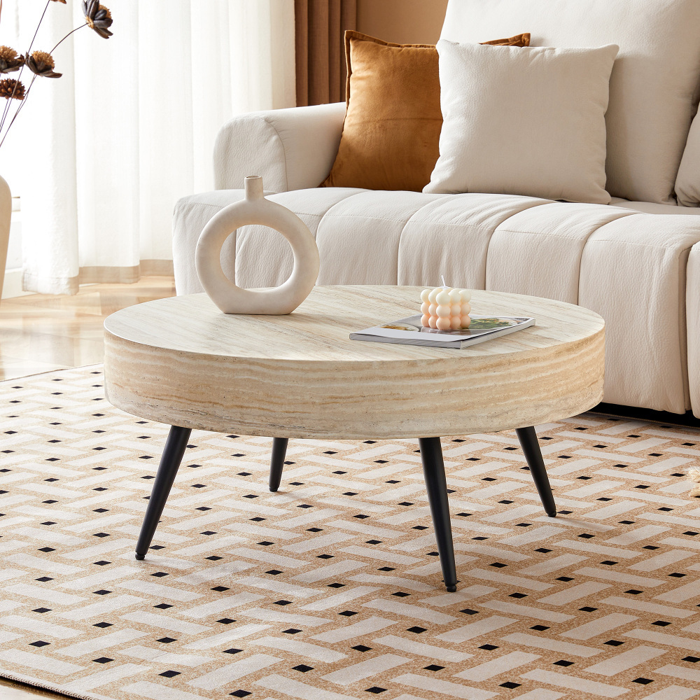 Image of Round Coffee Table 70×70×35.5 Cm High-density Light Travertine Wood Veneer Scratch-resistant Moisture-resistant Metal Legs Adjustable Non-slip Feet Rounded Edges Easy Assembly For Living Room