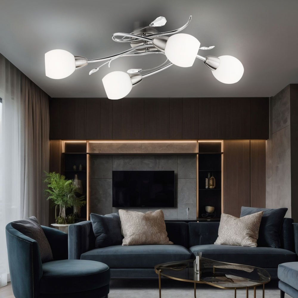 Ceiling Lamp Ceiling Light Living Room Lamp Spot Lamp Spotlight, 4 Flame-shaped, Decorative Glass Opal Chrome, E14 Sockets, Lxb 70x25cm