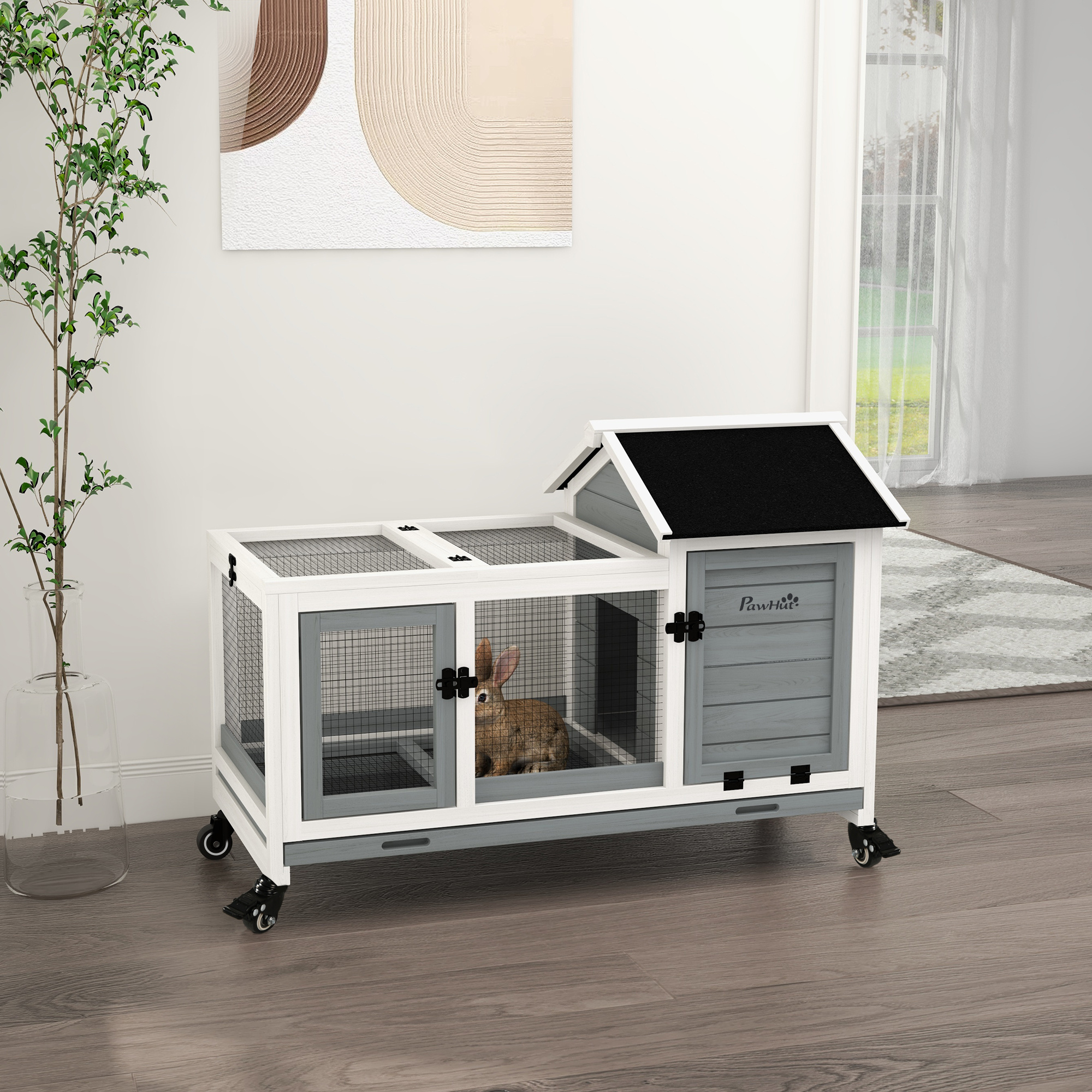 Wooden Dwarf Rabbit Hutch, 108 X 58 X 73, 5 Cm Small Animal Enclosure With Run, Wheels, Folding Roof, Dwarf Rabbit Cage With Removable Tray For Indoor, Outdoor, Grey