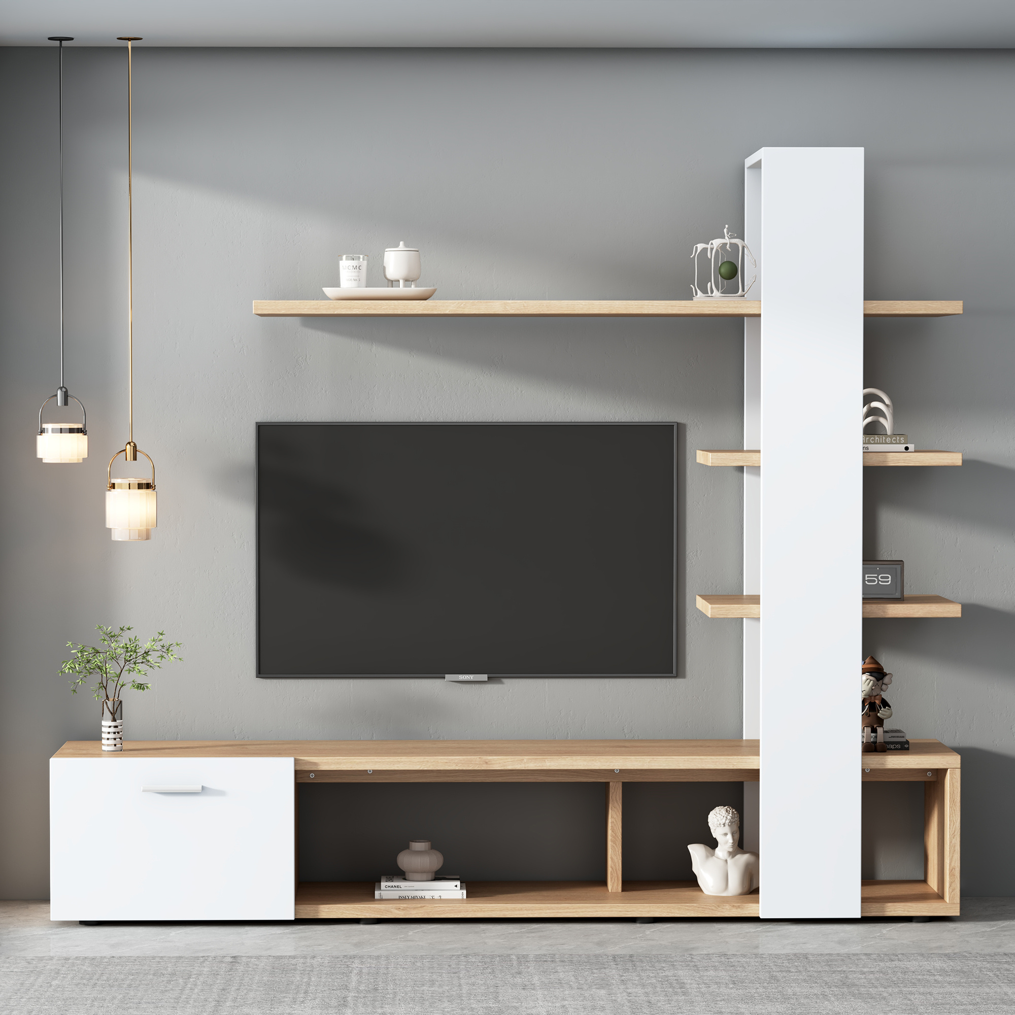 Room Wall Cabinet, Living Room Furniture Set 180 X 33.5 X 151.5 Cm, Suitable For Tvs Under 60 Inches, Modern White Oak Tv Cabinet, Lowboard, Tv Wall Set, Living Room Furniture Set