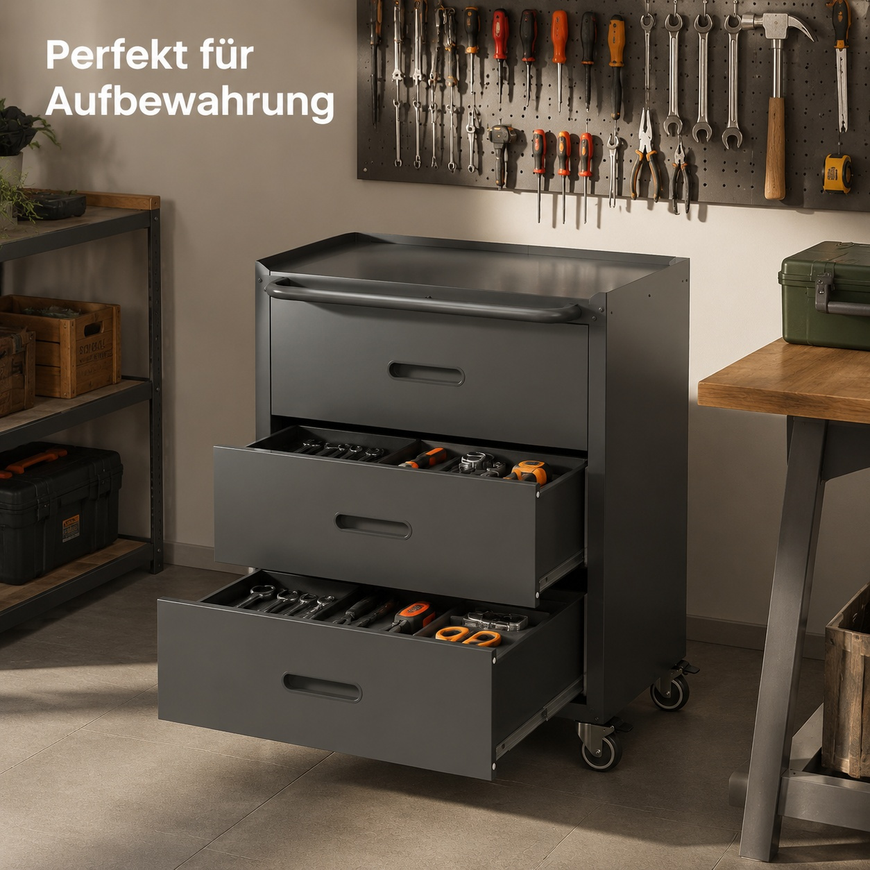 Image of 3-drawer Tool Cabinet Black Metal Workshop Cart With Braking Wheels And Large Storage Space, 75 × 42 × 88 Cm