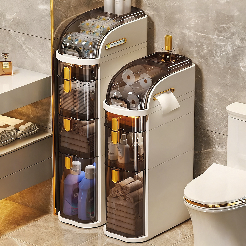 TEMU 1pc Mobile Bathroom Floor Cabinet With Wheels, Multi-functional Slim Storage Tower With Clear Drawers & Casters, Narrow Freestanding Organizer