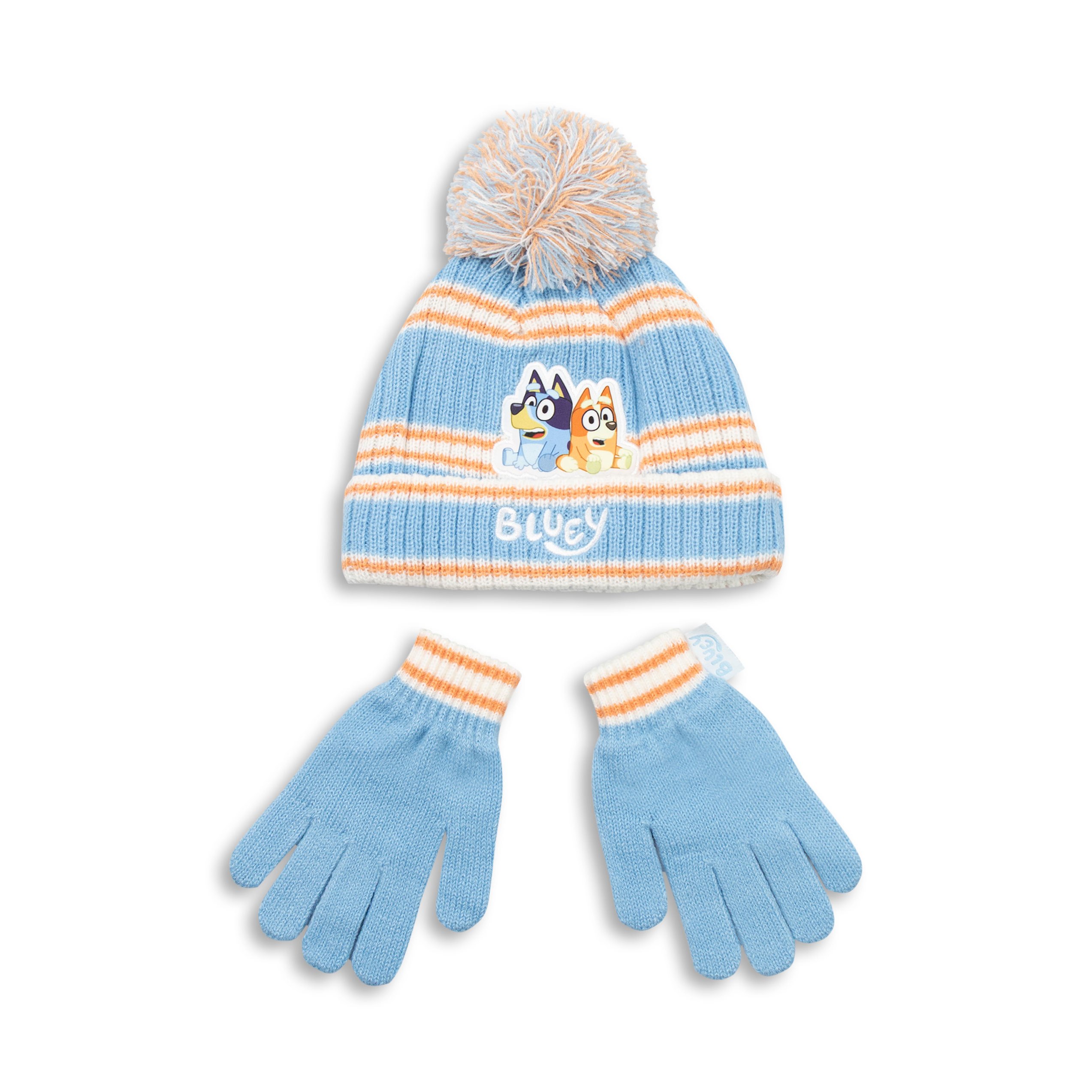TEMU Blue Striped Beanie And Gloves Set | Unisex Winter Accessories With And Bingo | Cartoon Theme Essentials For Outdoor Play | Warm Hat And Mittens