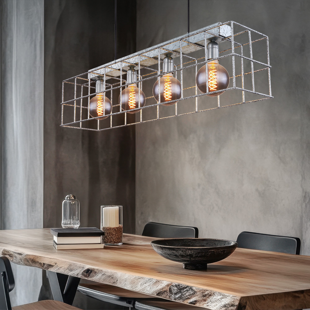 Image of 4-arm Pendant Light, Industrial Hanging Lamp For Living Room, E27 Metal Mesh In Finish, 4x E27 Sockets, Dimensions 90x20x150 Cm (lxwxh)