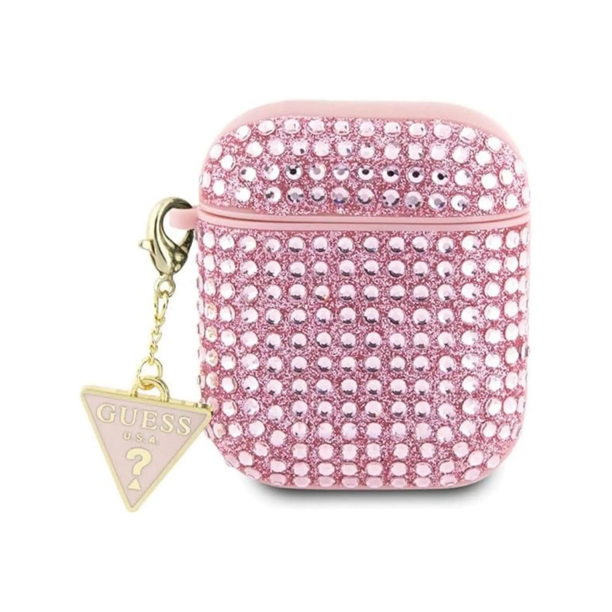 Guess Protective Case in Rhinestone Triangle Charm Design | For AirPods 1/2 | Model GUA2HDGTPP | Stylish Pink Case with Triangle Logo in Rhinestones | Decorative Charm Pendant with Guess Logo | High-Quality Craftsmanship for Reliable Protection | Supports Wireless Charging | Color: Pink
