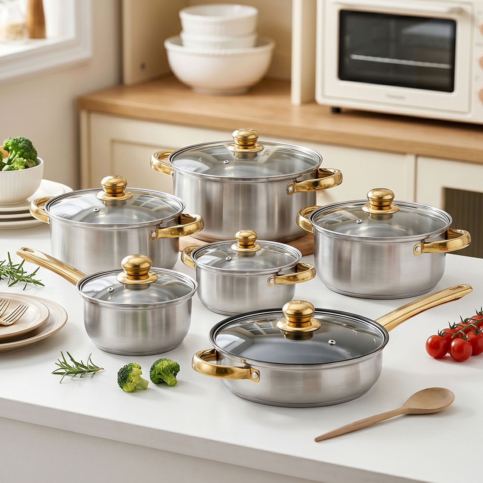 TEMU 12pcs Kitchen Stainless Steel Cookware Set, Pot Set Combination, Sizes Of Soup Pots, , Frying Pans, High-quality 410 Stainless Steel, Suitable