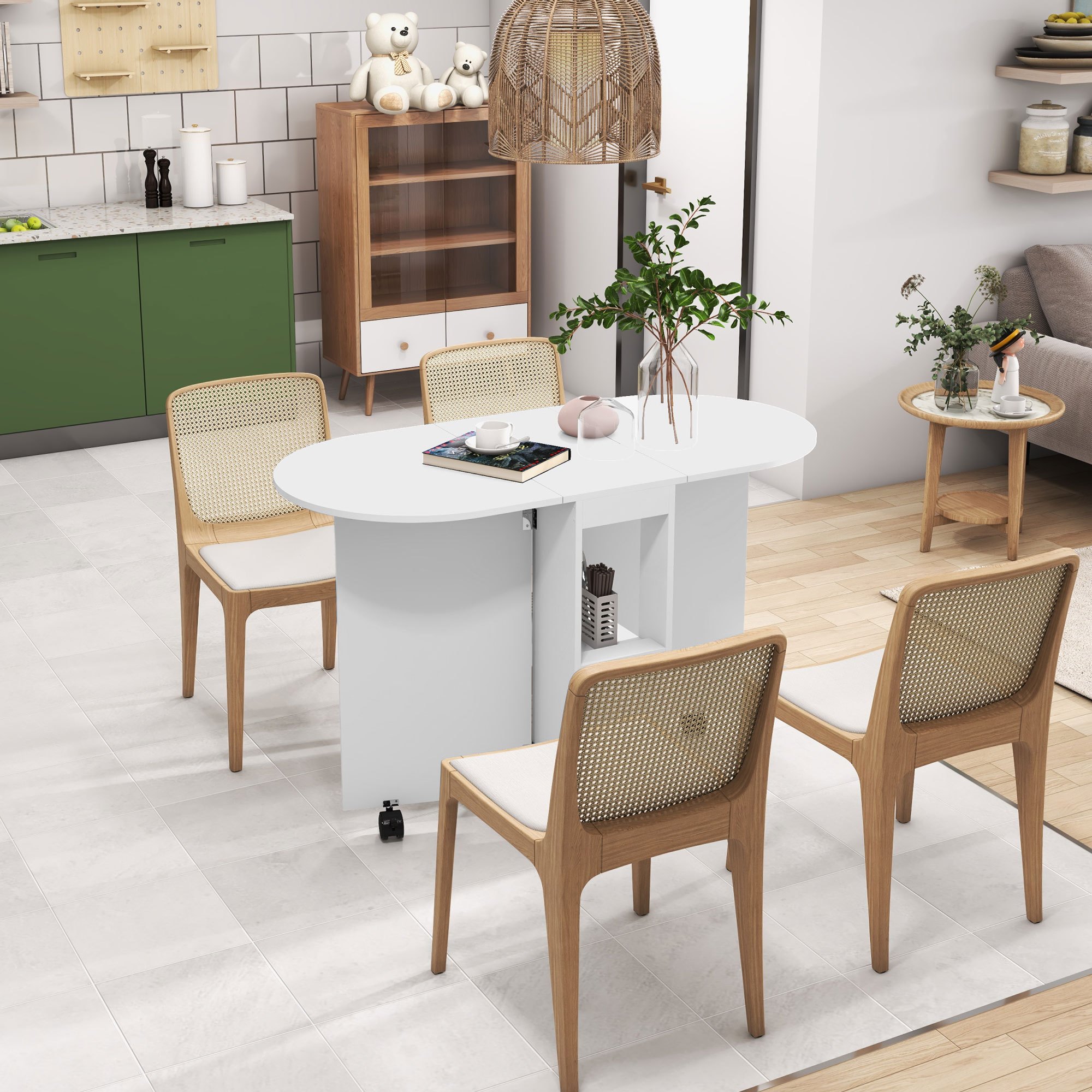 TEMU Mobile Folding Dining Table, Drop Leaf Table For With 2-tier Shelves, Small Kitchen Table With 6 Wheels, White