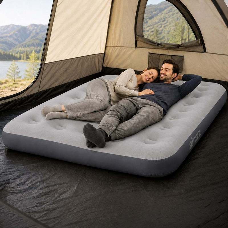 TEMU Airzzz Inflatable Flocked Airbed - Quick Inflation & Deflation - Grey Double