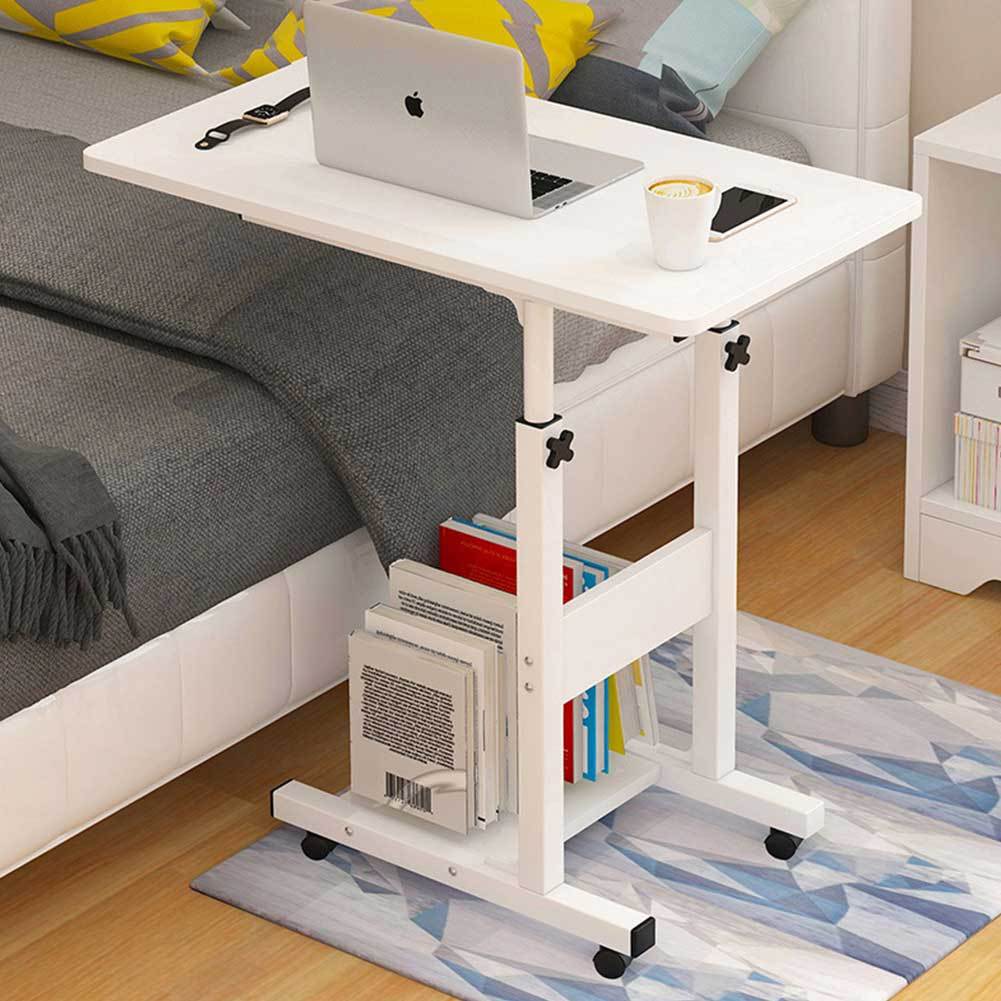 Bakaji Adjustable Height Desk Work Table For Pc Computer, Bedside Or Sofa Table With Wood Mdf Top And Lower Shelf, Metal Frame, , 60 X 40 X 86 Cm, White