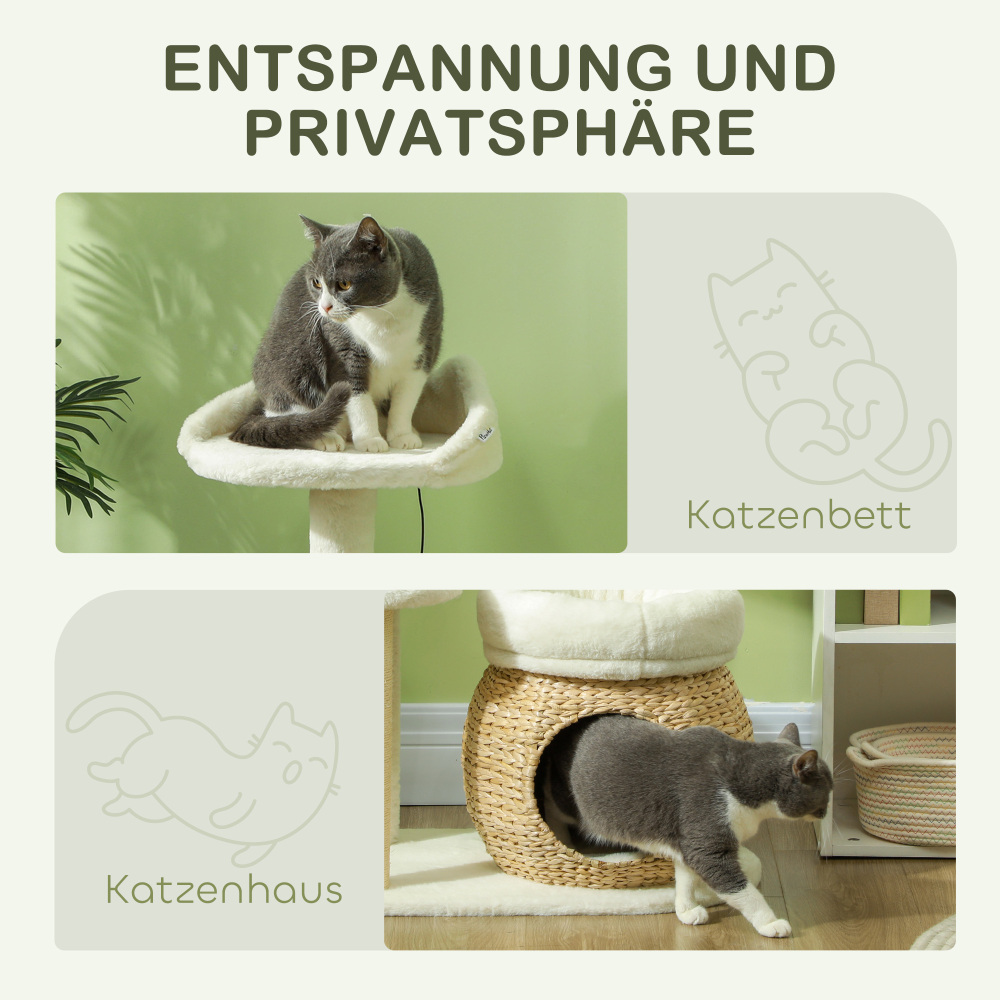 Arbre à chat PawHut 79 cm avec niche, lit, balles de jeu et griffoirs en sisal, pour chats jusqu'à 5 kg, blanc crème