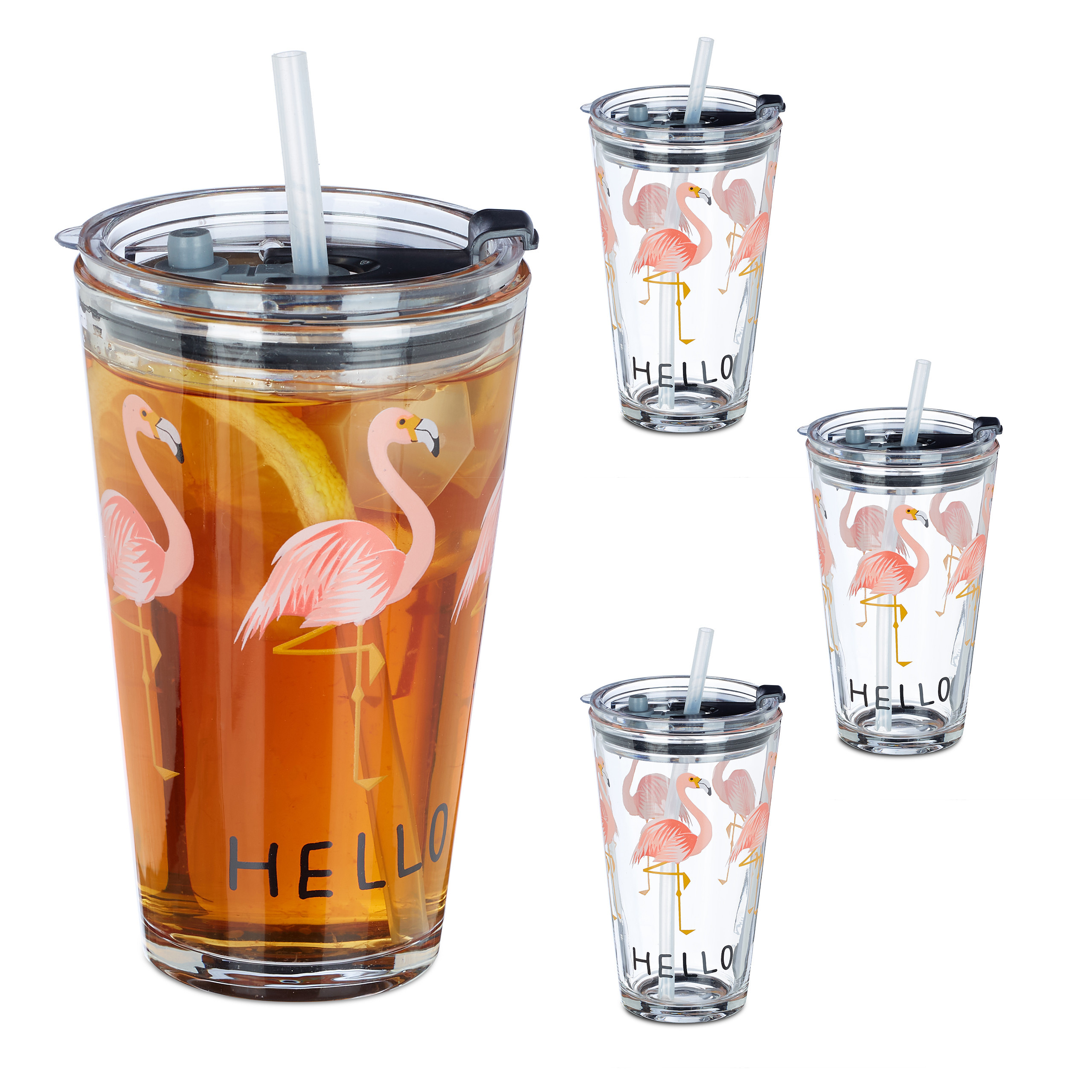 4x Flamingo Glass Cups In Transparent/pink - 450 Ml