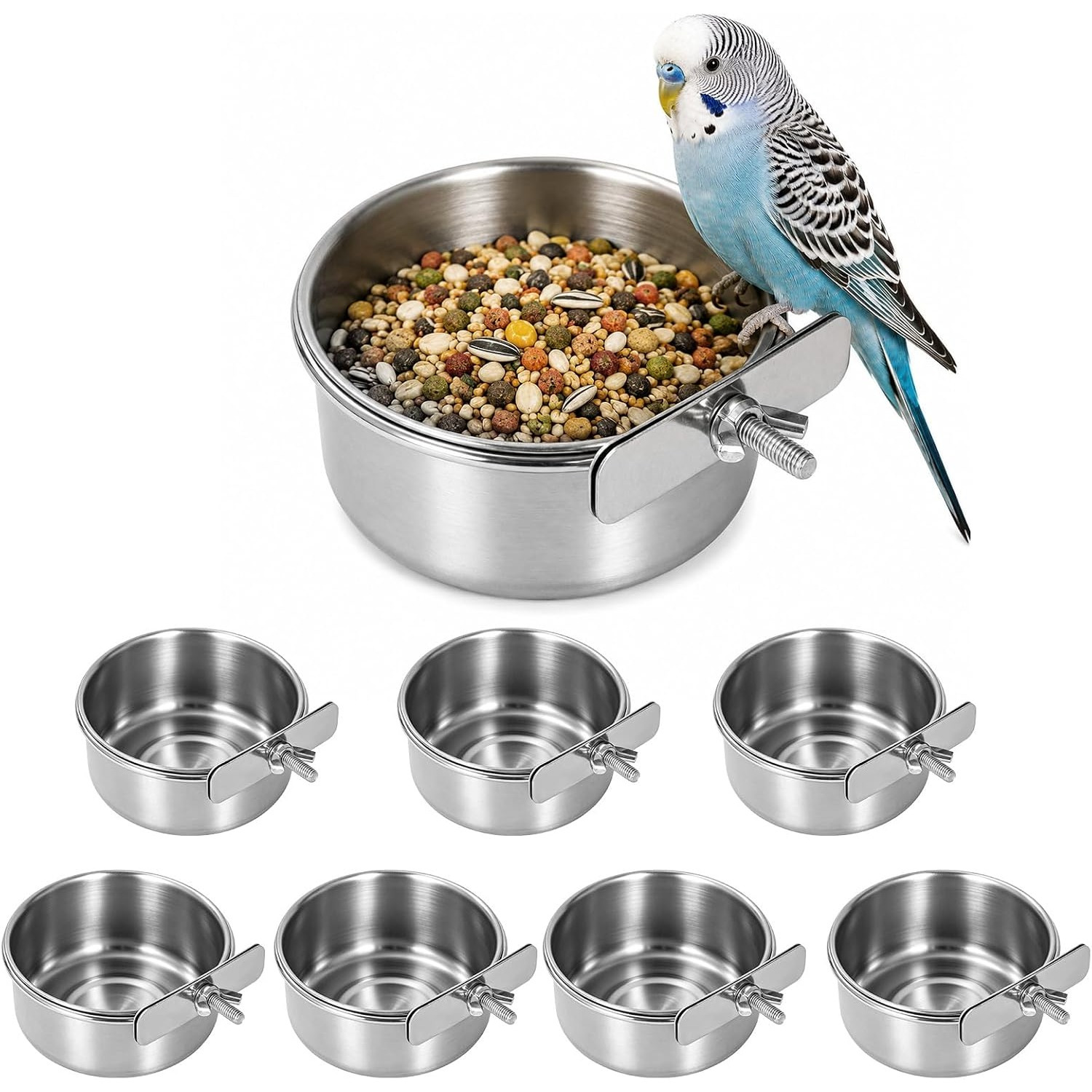 Image of 8pcs Bird Feeding Set Made Of Stainless Steel With Clamping Clip, Stainless Steel Feeding Bowls, Removable Clip, Rust-resistant, Easy To Clean, Suitable For Parrots And Small Birds.