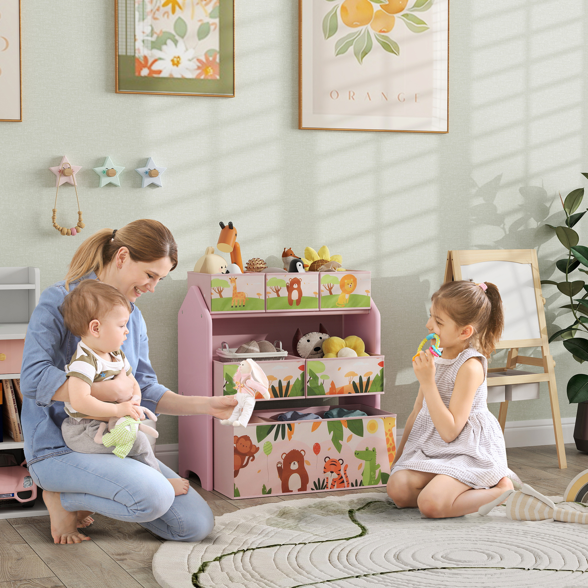 TEMU Kids Toy Storage Unit, 3-tier Toy Organiser Shelf With 6 Removable Storage Boxes, For Playroom, Bedroom, Children's Room, Nursery, Pink