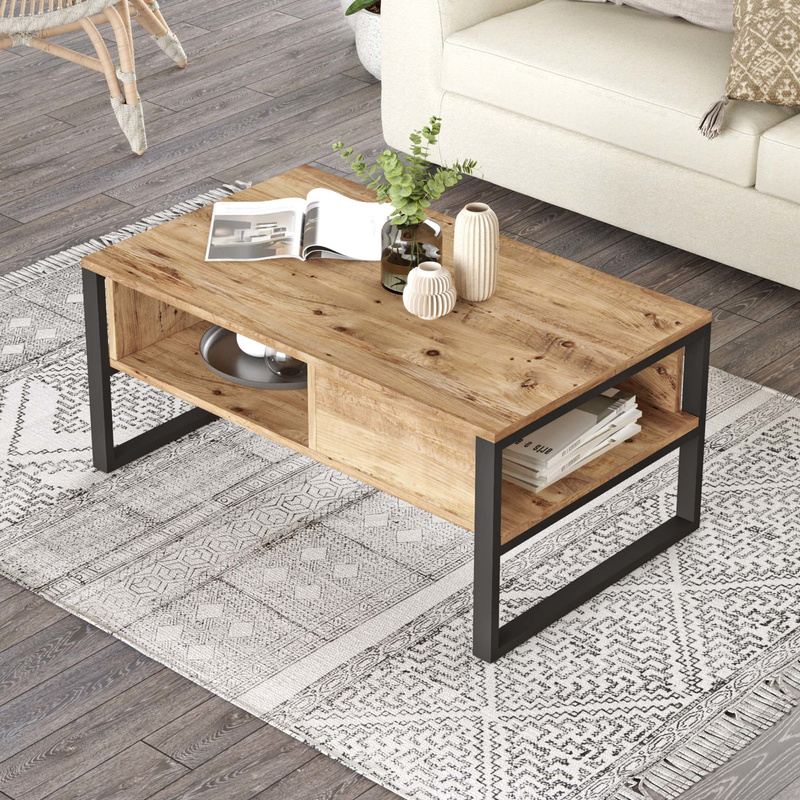 Laukaa Coffee Table Side Table With 2 Storage Compartments Living Room Table 44.5 X 100 X 60 Cm Sofa Table Rustic Oak / Black