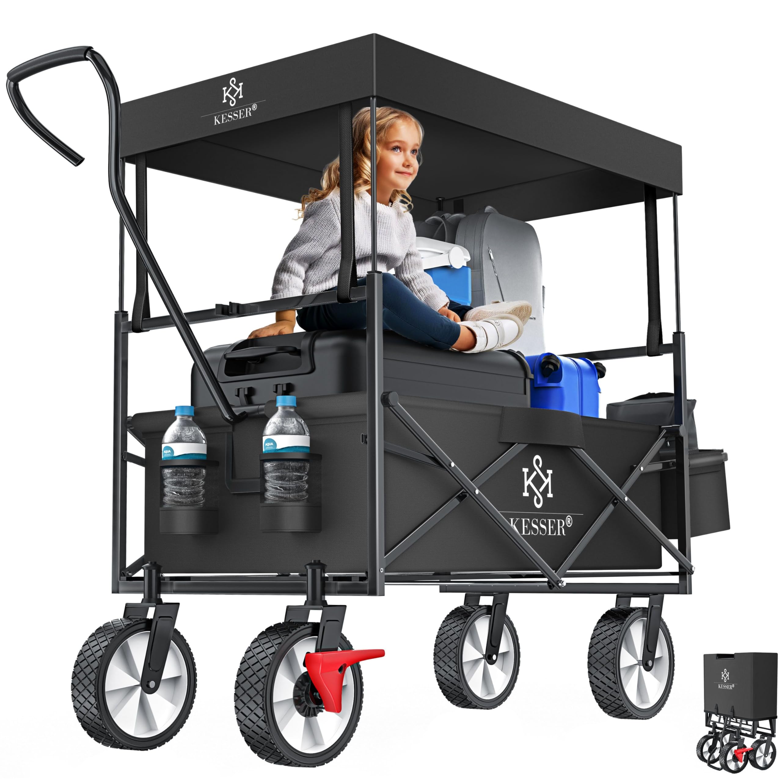 Image of Kesser® Foldable Handcart With Roof, Transport Trolley, Utility Cart, Collapsible With Front Wheels, Front Wheel Brake & Solid Rubber Tires, Includes Xxl Outer Bag, 2 Mesh Pockets & Cover