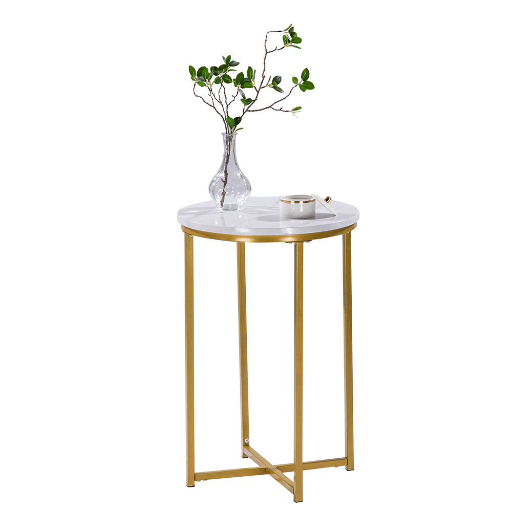 Image of Bonnlo Round Side Table, Modern Sofa Table With Golden Metal Frame, Coffee Table, Living Room Table, Laptop Table For Sofa, Flower Table, , Coffee Table For Bedroom Reading Nook, 40 X 40 X 60cm