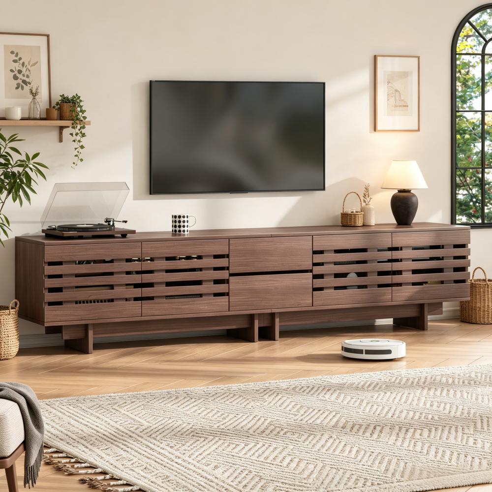 Image of Tv Cabinet Modern Tv Stand For Tvs Up To 80 Inches, 4 Wing Doors, 2 Drawers, 6 Storage Compartments, Suitable For Living Room Bedroom, Walnut , 200x39.5x55cm