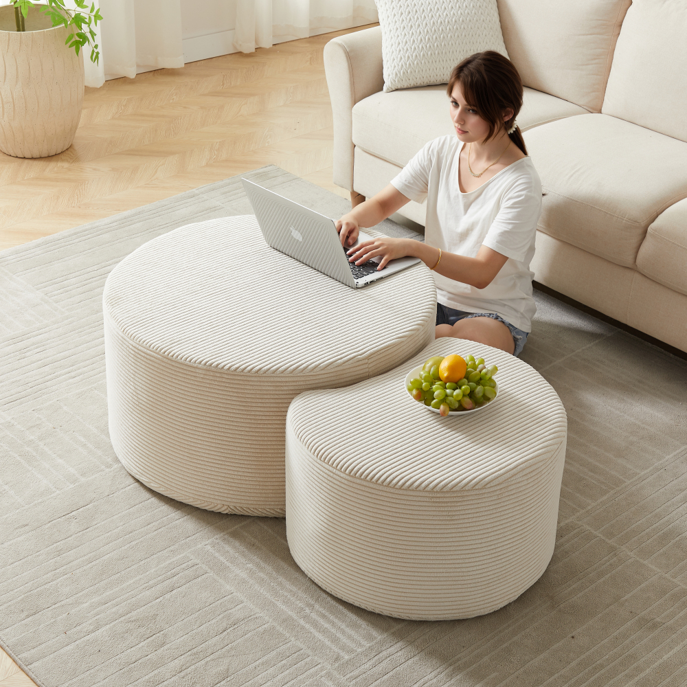 Image of Coffee Table Set, 2pcs, Padded Round Coffee Tables, Set With 2pcss For The Living Room, Modern Round Coffee Table Made Of Foam, Side Table, Ottoman, No