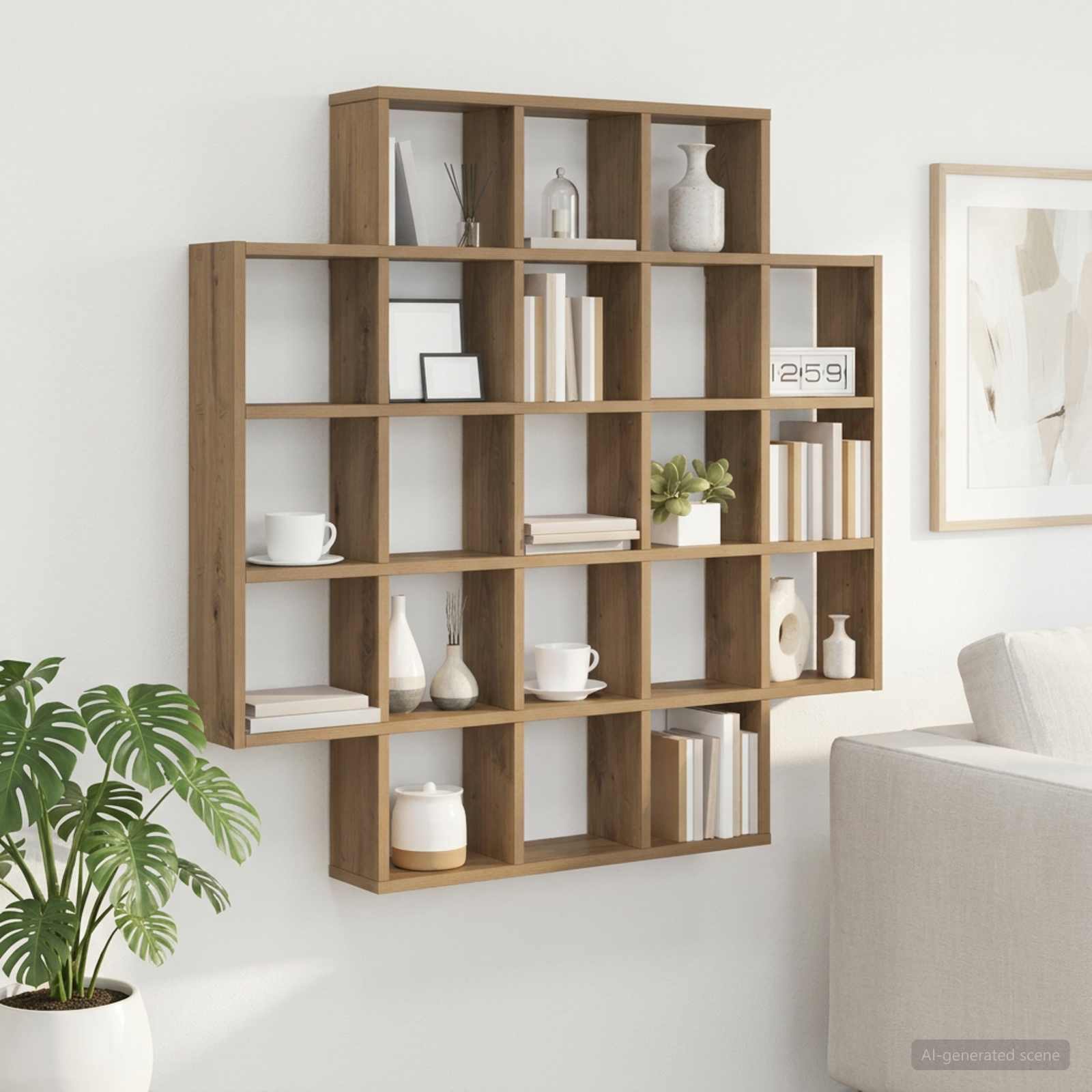 Image of Modern Wall Storage For Living Room Decor, Indoor Wooden Shelving Units, Display Storage Unit, Wall-mounted Shelf, Room Storage Solution, Modern Home Storage, Indoor Display Shelf, Stylish Wall Lamp