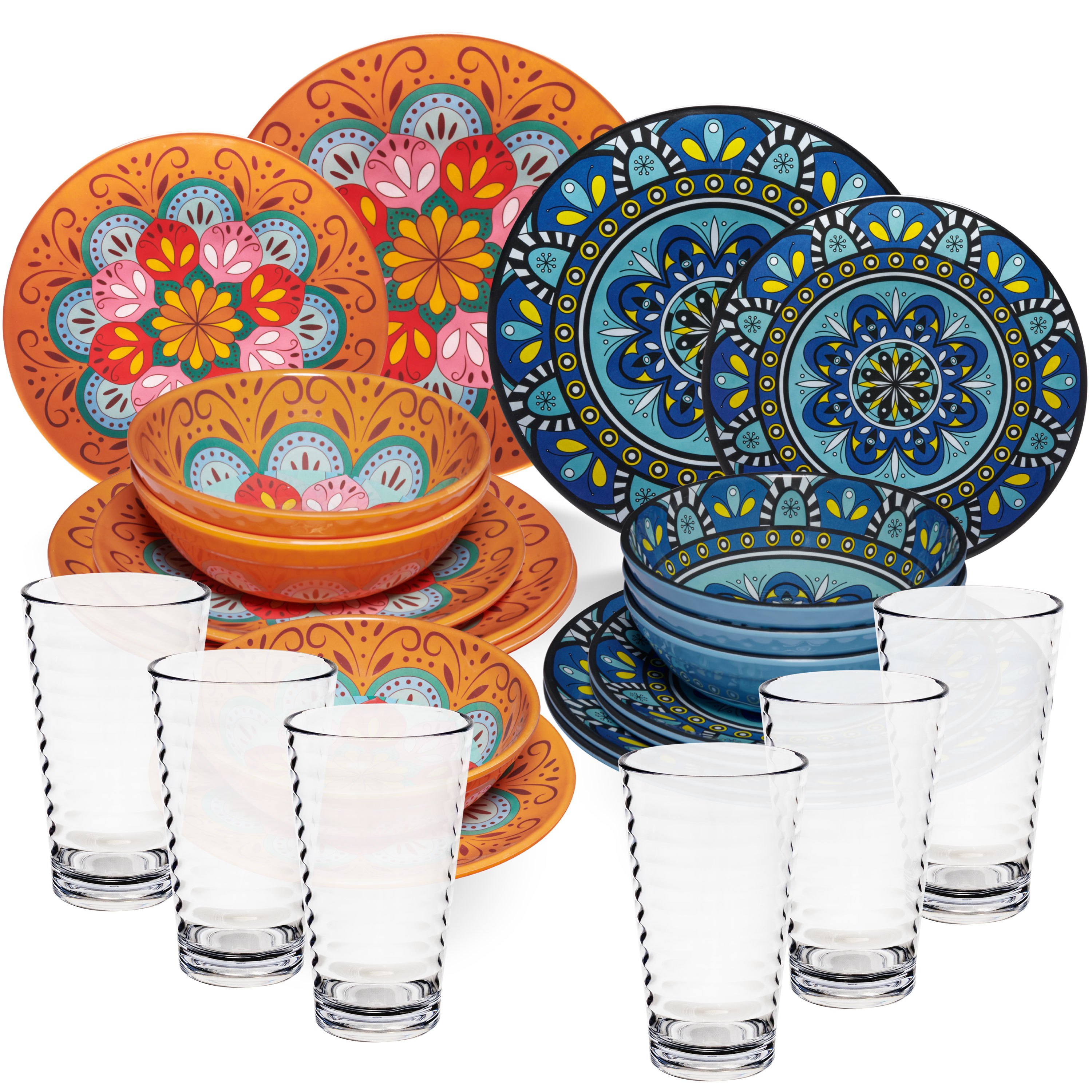 Melamine Dinnerware Set Pastel For 6 People - 24 Pieces - - Mandala Design With Clear 400ml Acrylic Drinking Glasses, Dishwasher Safe, Dinnerware, Camping Accessories, Camping Tableware, Camping