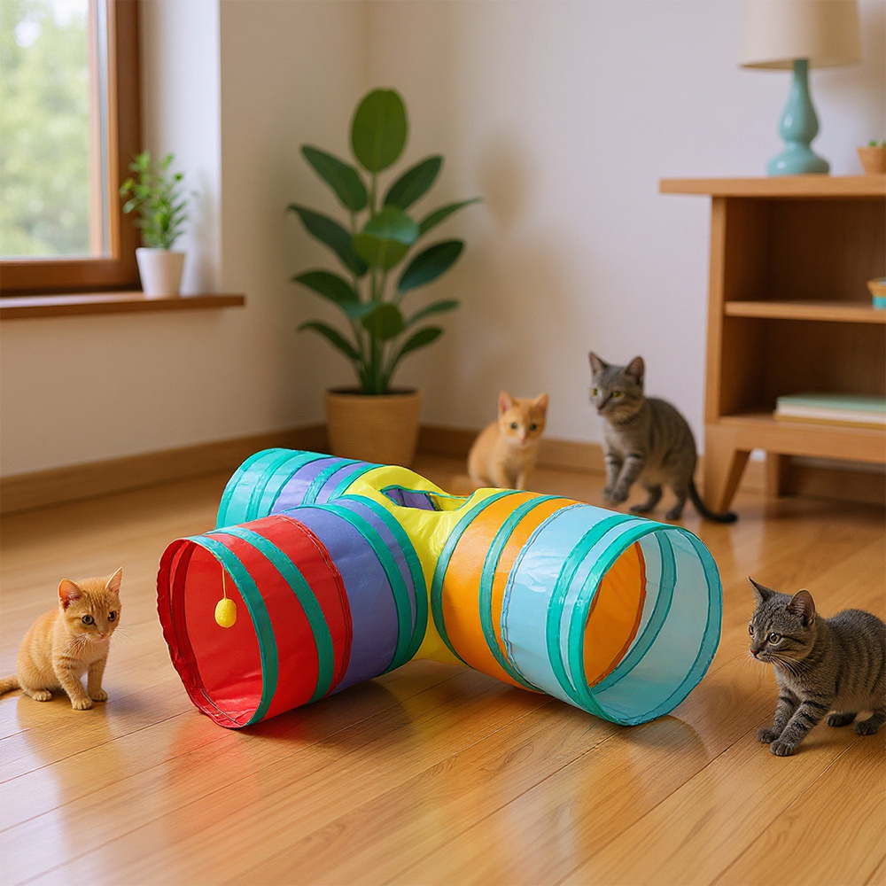 T-Shape Cat Tunnel with Hole and Hanging Ball