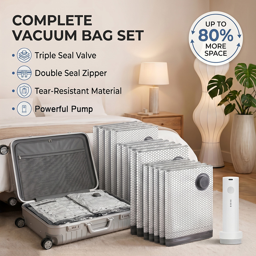 15 Pack Vacuum Storage Bags With Electric Pump For Travel | Travel Compression Space Saver Vacuum Seal Bags For Closet Storage, Portable Electric Pump Included For Suitcase Packing