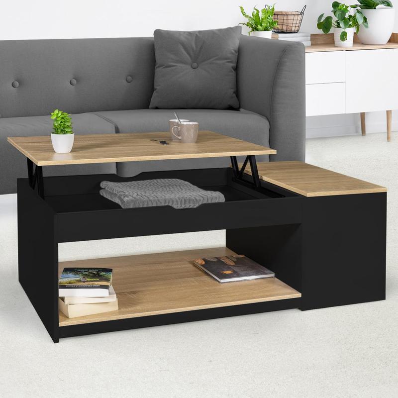 TEMU Table basse plateau relevable rectangulaire ELEA avec coffre et façon hêtre
