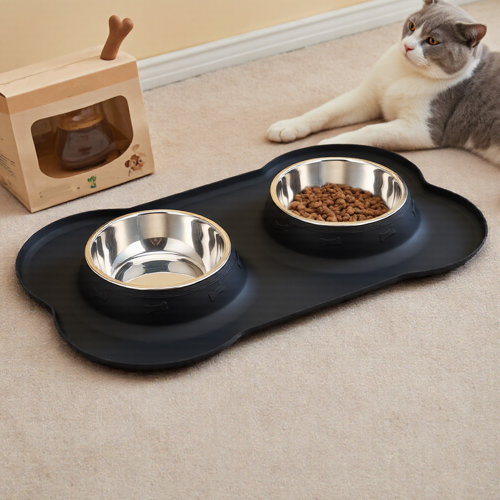 TEMU Food Bowls With Mat Tray Cat Double Feeding Bowls Dog Feeding Station Black 18.5x29.5x3.5cm