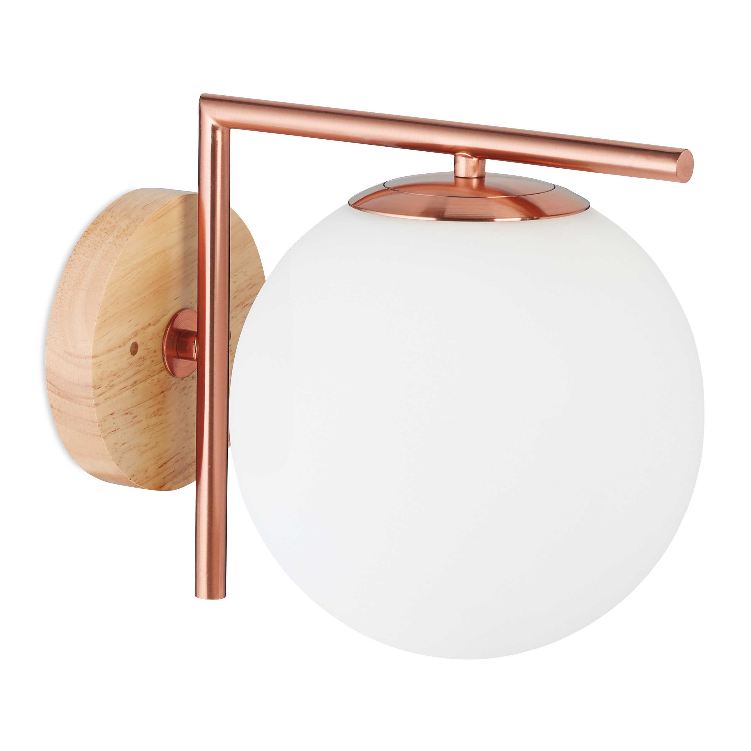 Image of Spherical Wall Light, E27 Socket, 22 X 19.5 X 28 Cm, Iron, Frosted Glass And Wood, Copper-colored Mount, , For Hallway, Staircase, Living Room, And Bedroom, Wall Lamp, Glass Light, Relaxdays