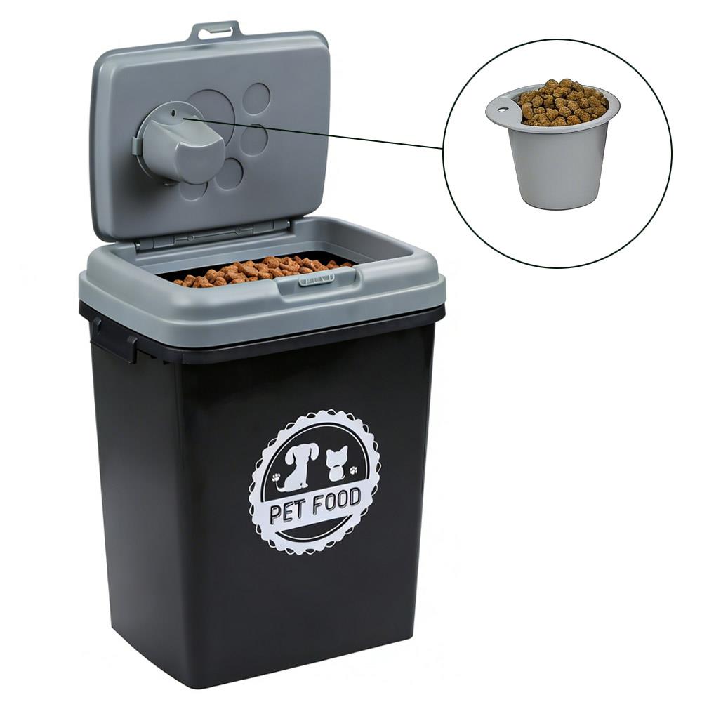 40L Pet Food Storage Container Airtight with Flip Top Lock – Holds 15kg Dry Food, Plastic Food Dispenser Bin with Scoop for Dog Cat Bird Fish Food Black/Grey