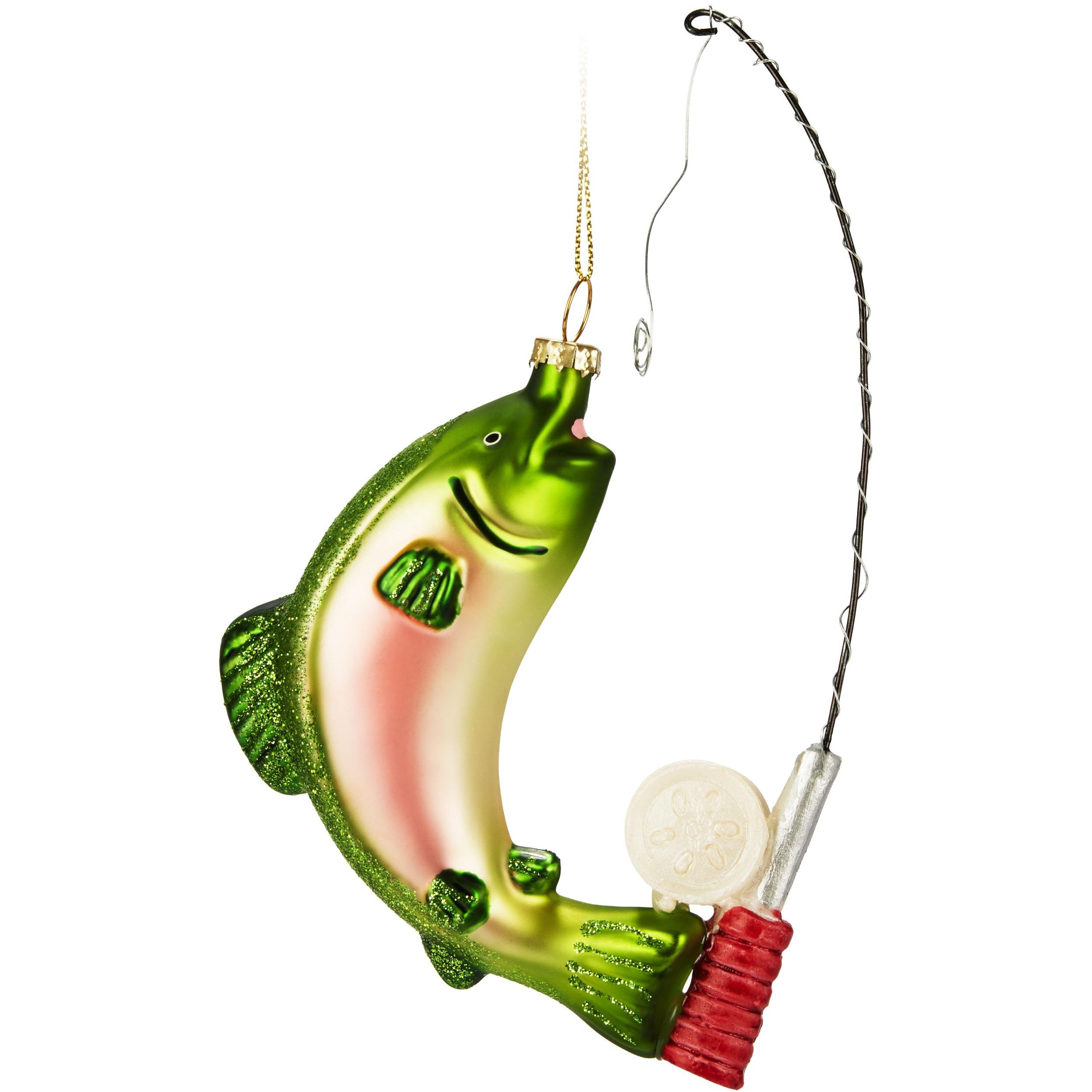 Image of Brubaker Fish - Hand-painted Glass Christmas Ornament - Rainbow Trout And Fishing Rod - Hand-blown Christmas Tree Decoration Figurines Funny Decorative Pendant Bauble - 18 Cm