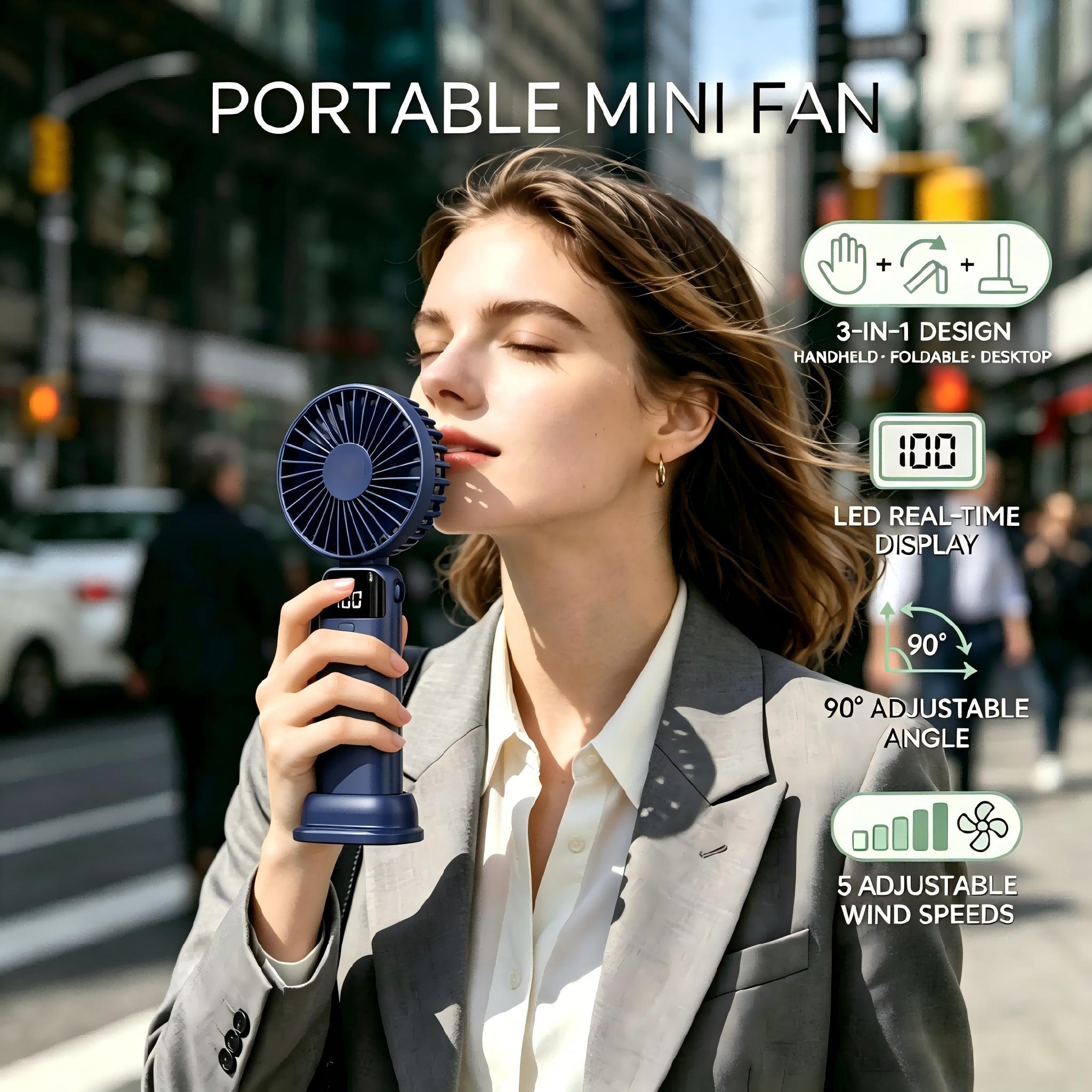 3-in-1 Foldable Handheld Fan – Neck/desk/hand , Usb-c Rechargeable. 5 , Up To 10h Battery, Led Display. Portable For Travel, Commuting, Office & Outdoor.