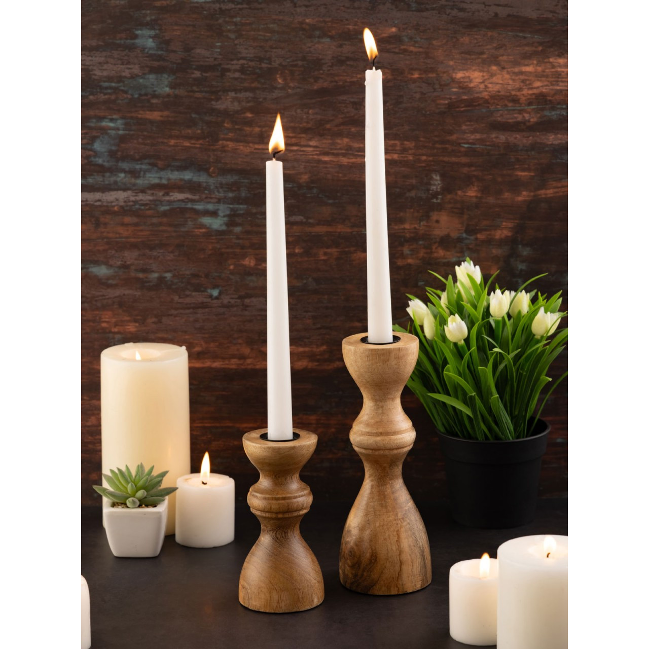 E-shop Kerzenständer 2er Set Stabkerzen Kerzenhalter H20/13x6cm rund Kerzenleuchter Mangoholz