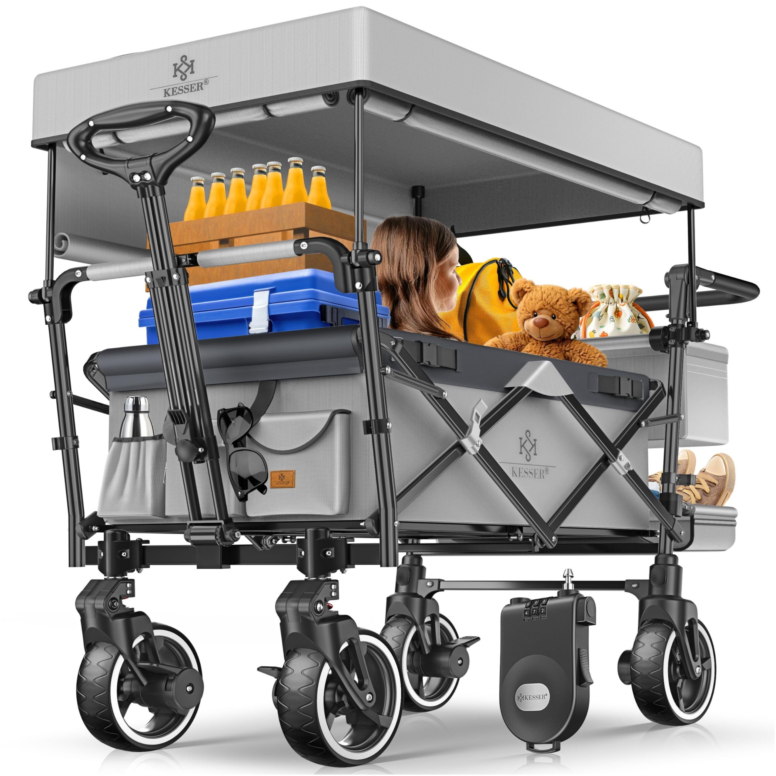 Folding With Roof, Handcart, Transport Cart, Collapsible Garden Cart With Belt System, Full Rubber Tires And Brake, Stroller For Outing, Festival, Garden.